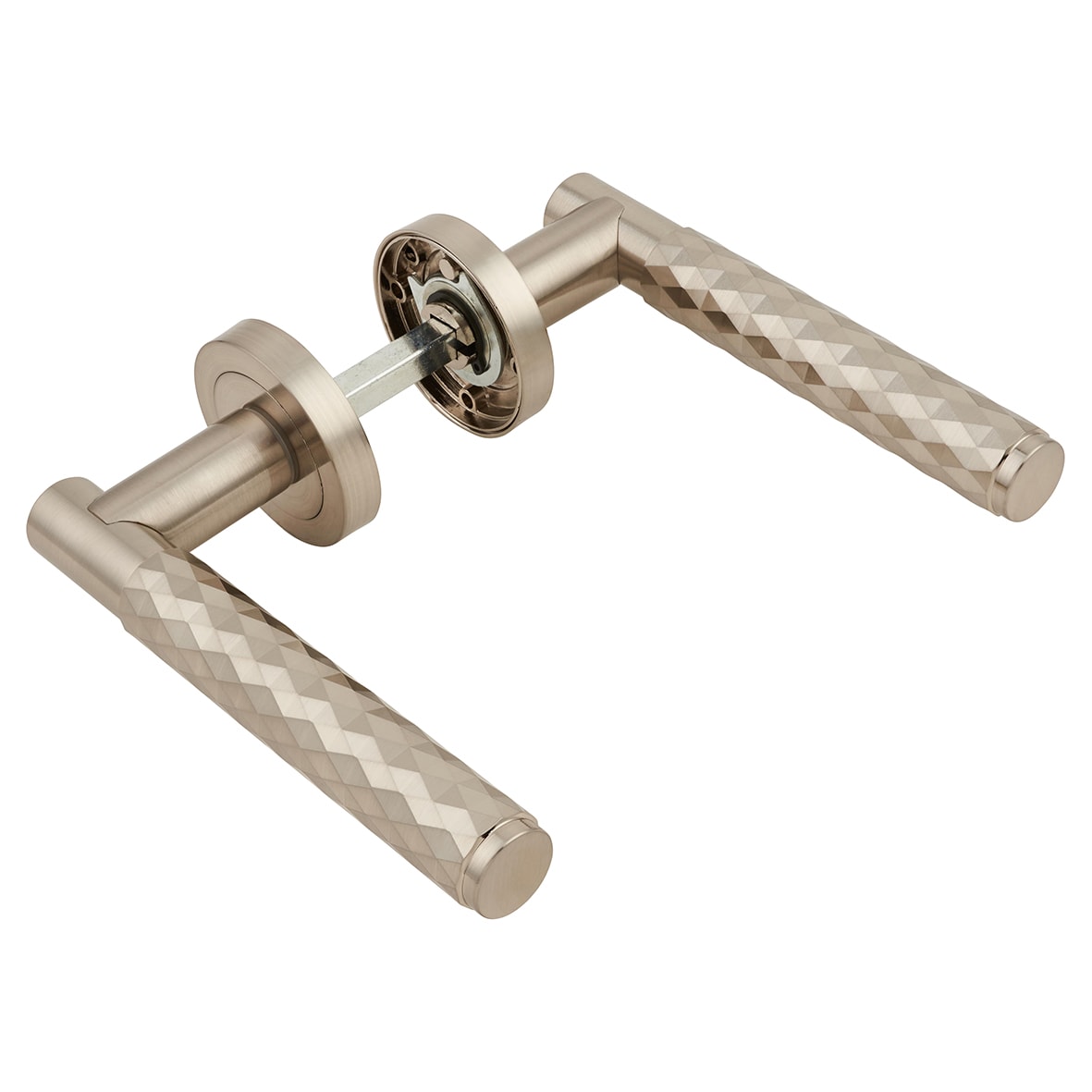 Satin Nickel Diamond Door Handles on Round Rose - Luna Range - view 6