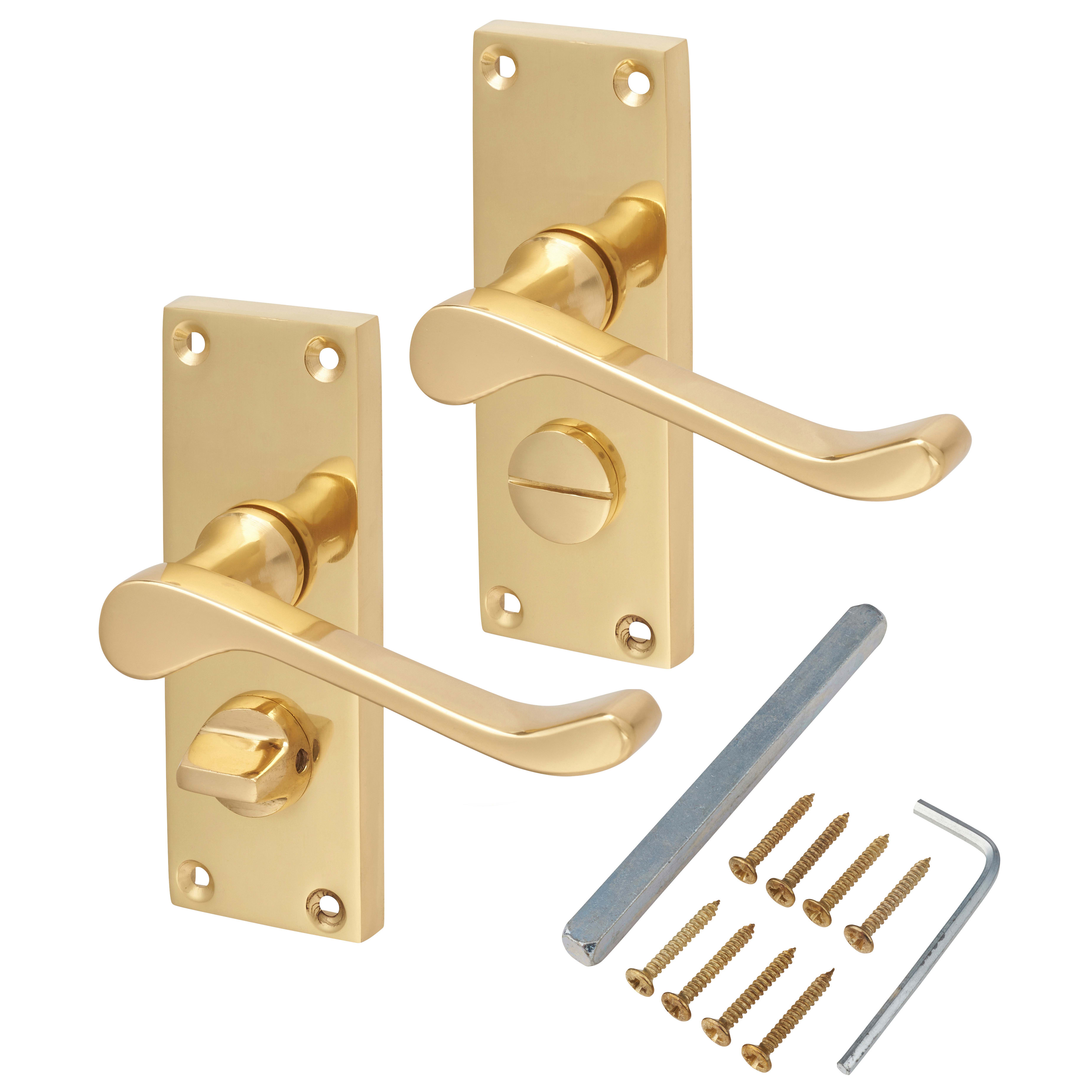 Polished Brass Victorian Scroll Privacy Door Handles - Short Plate - 118 x 42mm - view 3