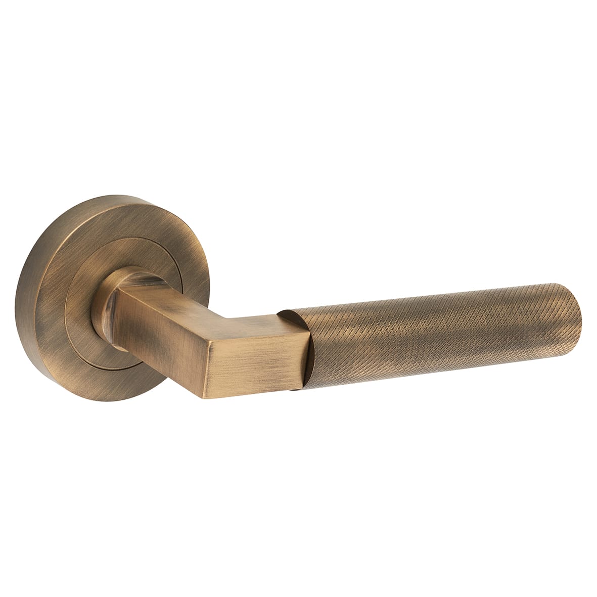Antique Brass Knurled Door Handles on Round Rose - view 2