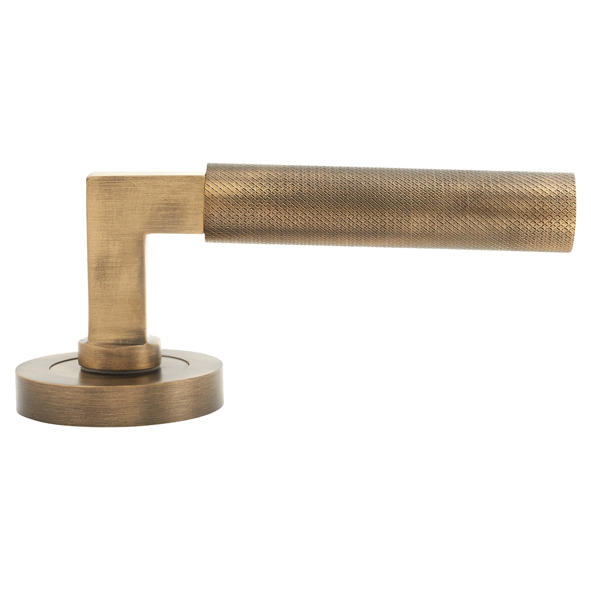 Antique Brass Knurled Door Handles on Round Rose - view 3