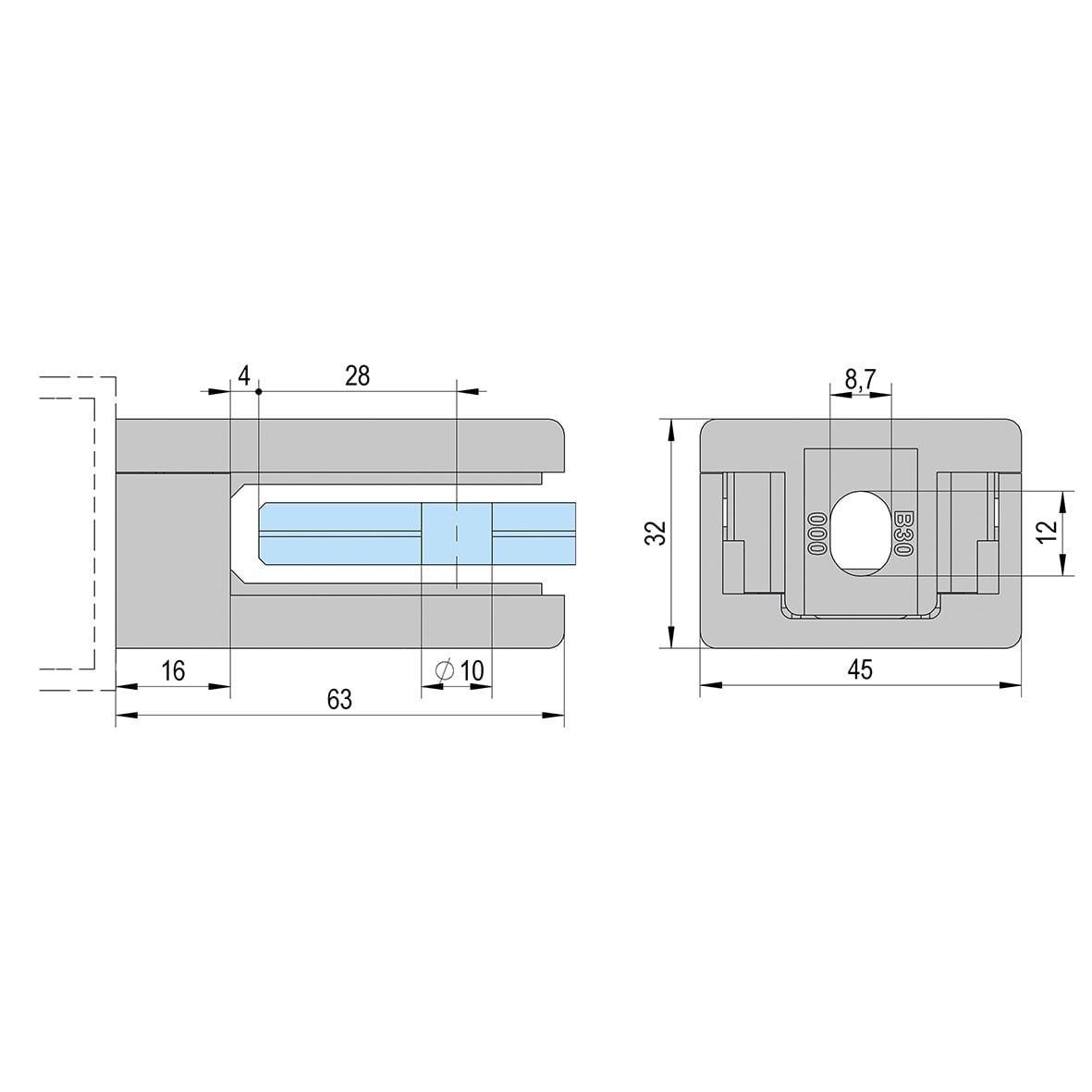 D Shaped Balustrade Clamp - 63 x 45mm - Stainless Effect - Pack of 4 - view 2