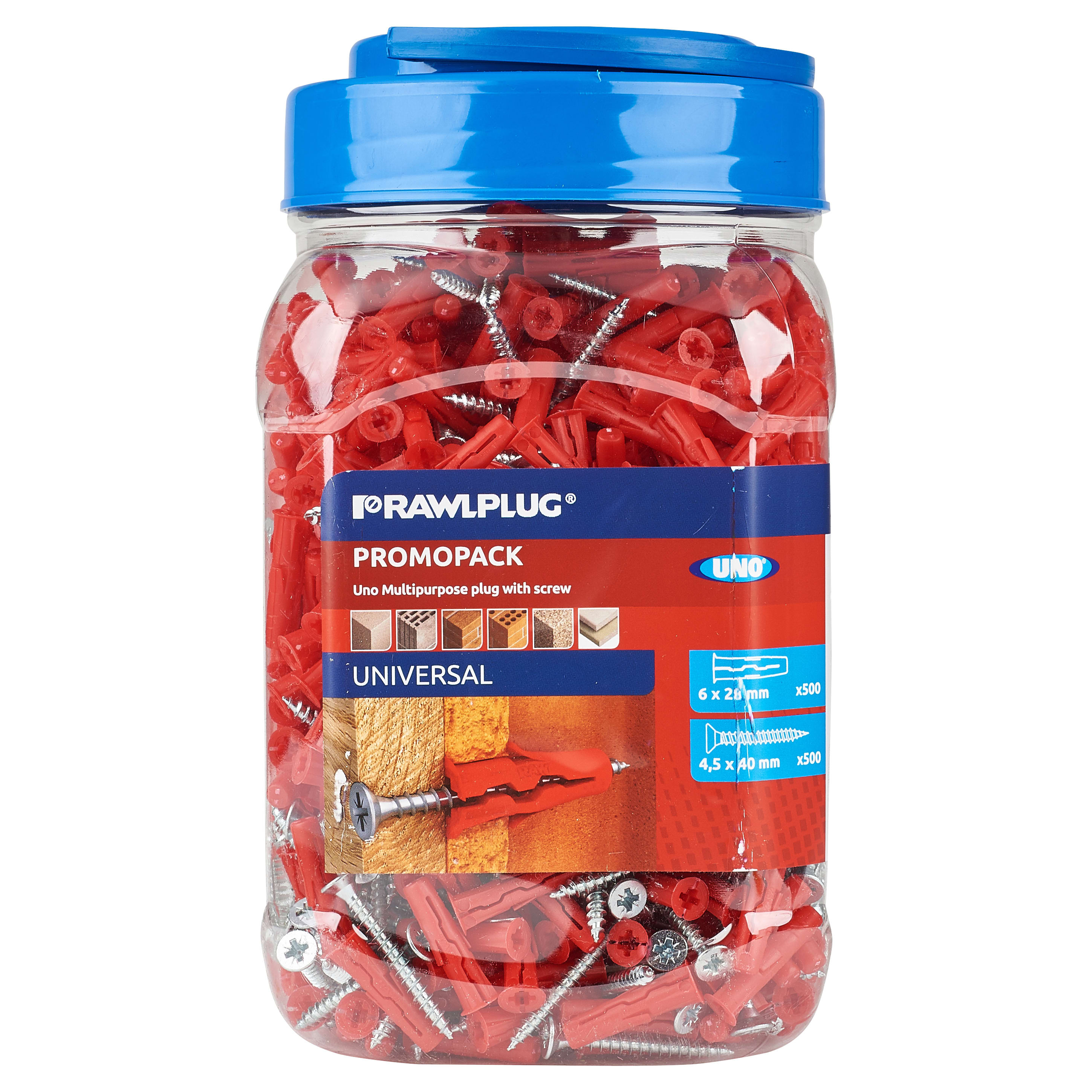 UNO Universal Wall Plugs and Screws - 6 x 28mm - Red - Jar of 500 Plugs and 500 Screws - view 3