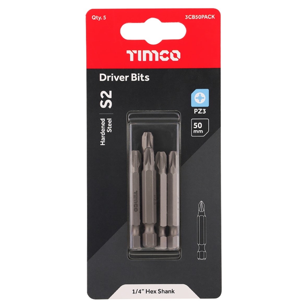 Steel Driver Bits - Pozi - - 50mm Length - Pack of 5 - view 3