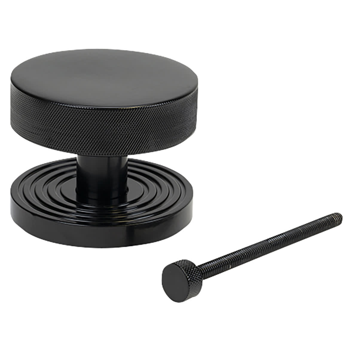 Brompton Black Round Knurled Centre Door Knob on Beehive Rose - 90mm Rose Diameter - view 2