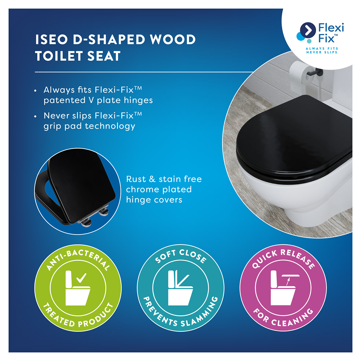 Iseo Flexi-Fix Soft Close Wooden Toilet Seat - Matt Black - view 5