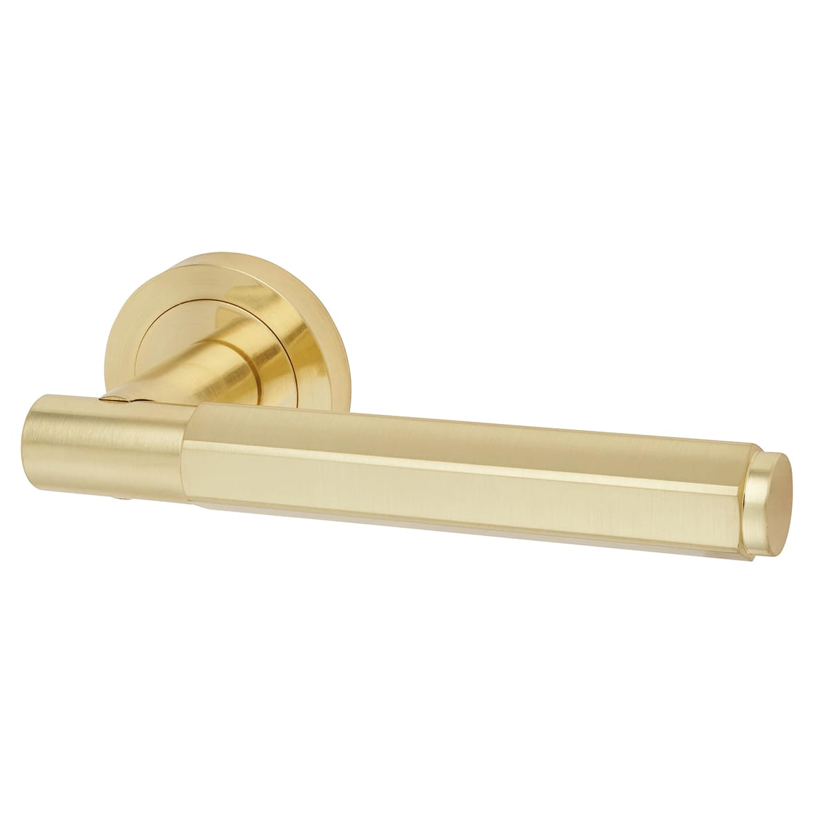 Satin Brass Hexagonal Door Handles on Round Rose - Juno Range - view 2
