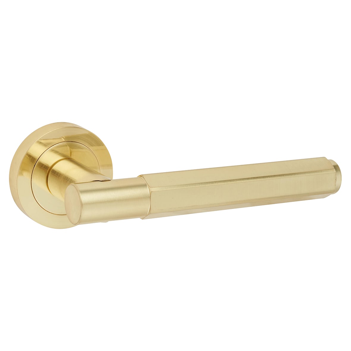 Satin Brass Hexagonal Door Handles on Round Rose - Juno Range - view 3