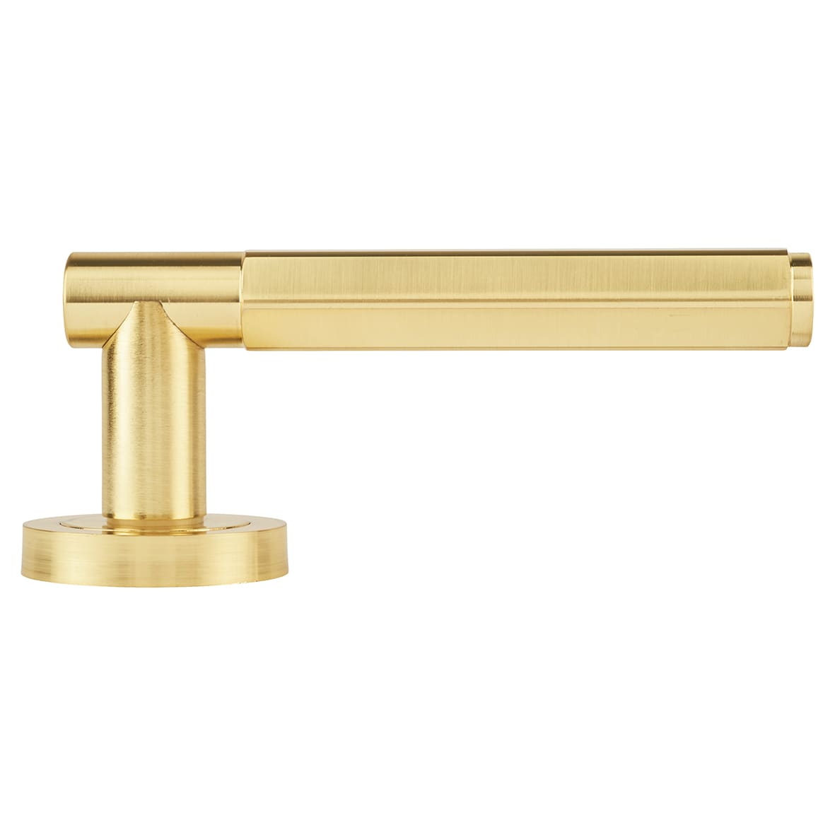 Satin Brass Hexagonal Door Handles on Round Rose - Juno Range - view 5