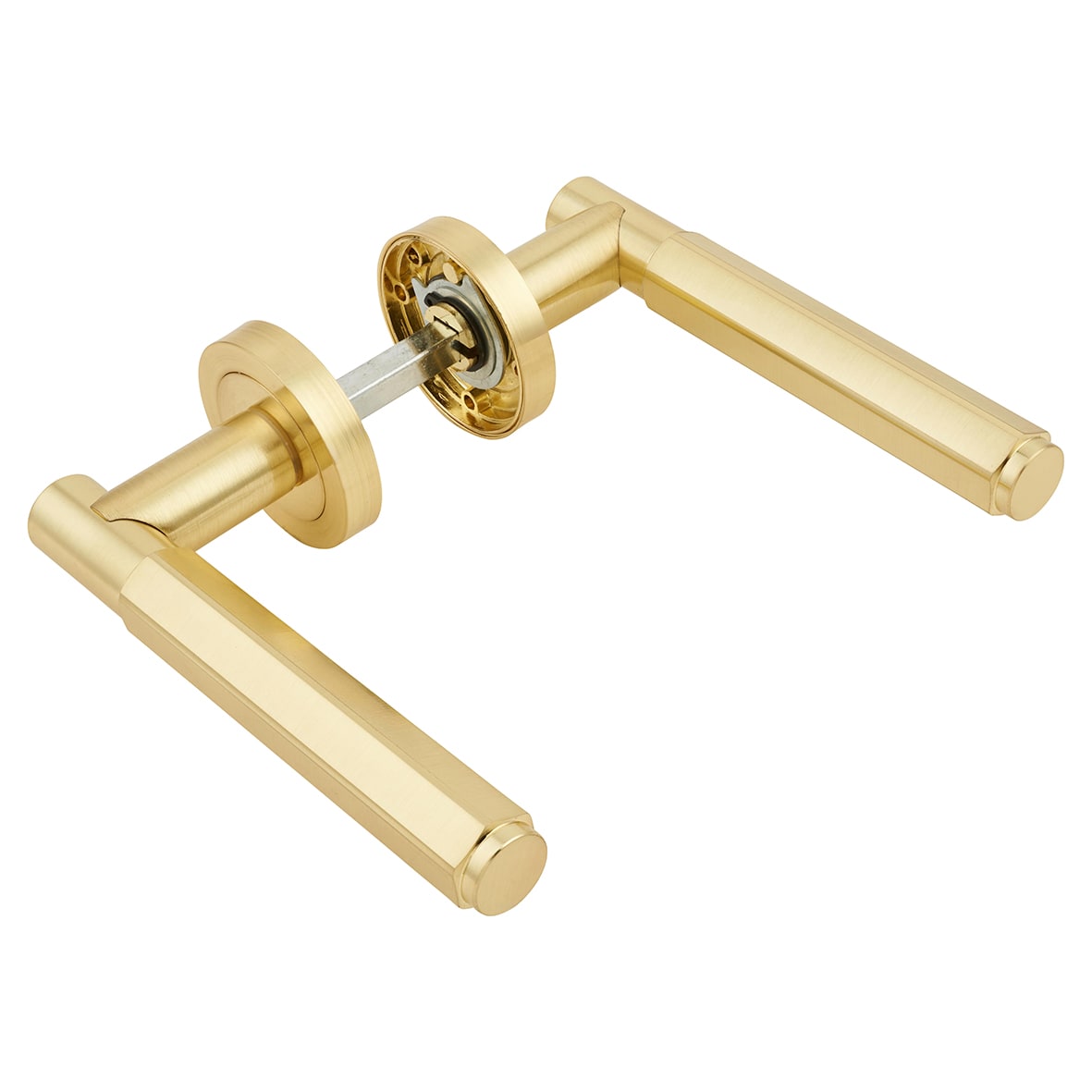 Satin Brass Hexagonal Door Handles on Round Rose - Juno Range - view 6