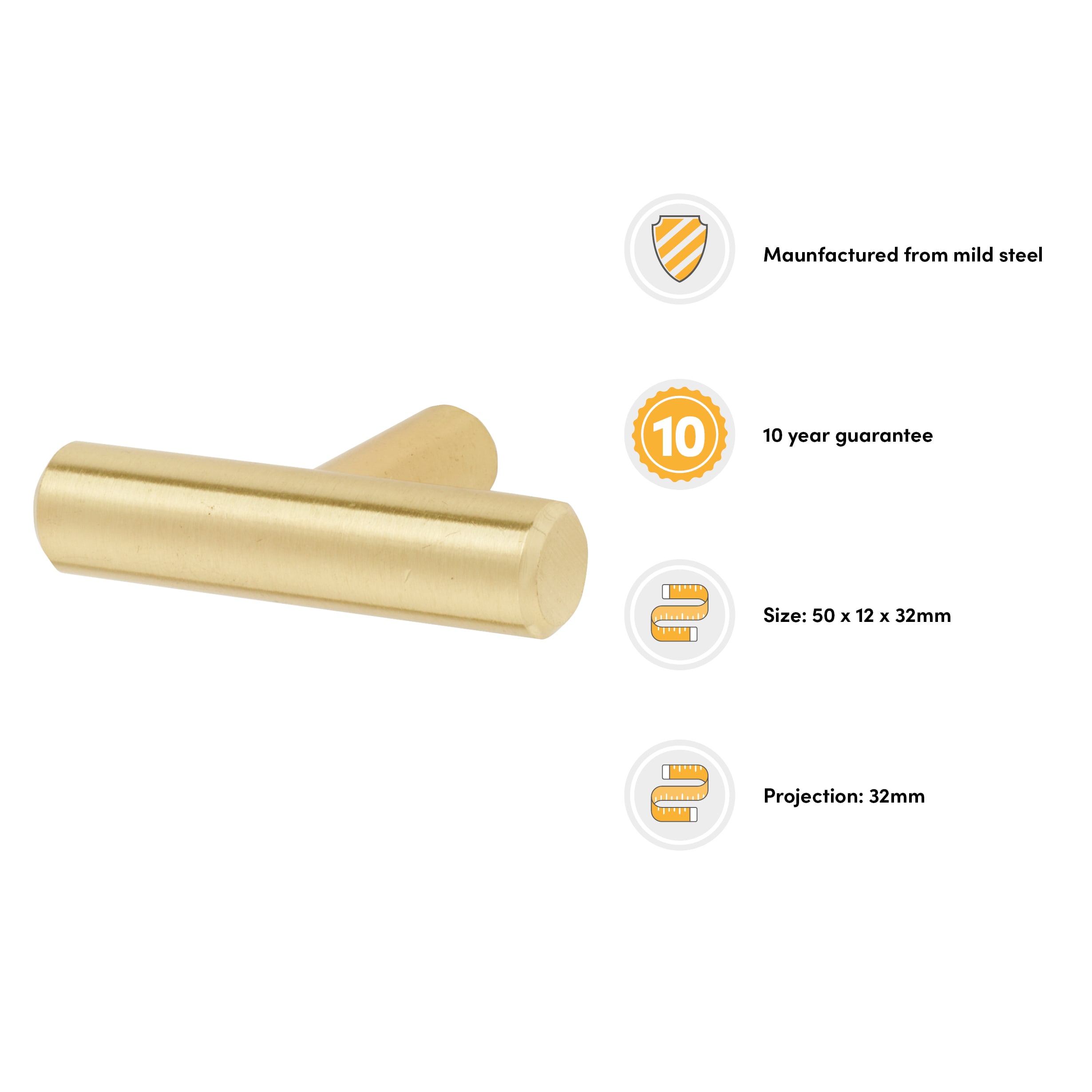 12mm T-Bar Cabinet Knob - 50 x 32mm - Satin Brass - view 2