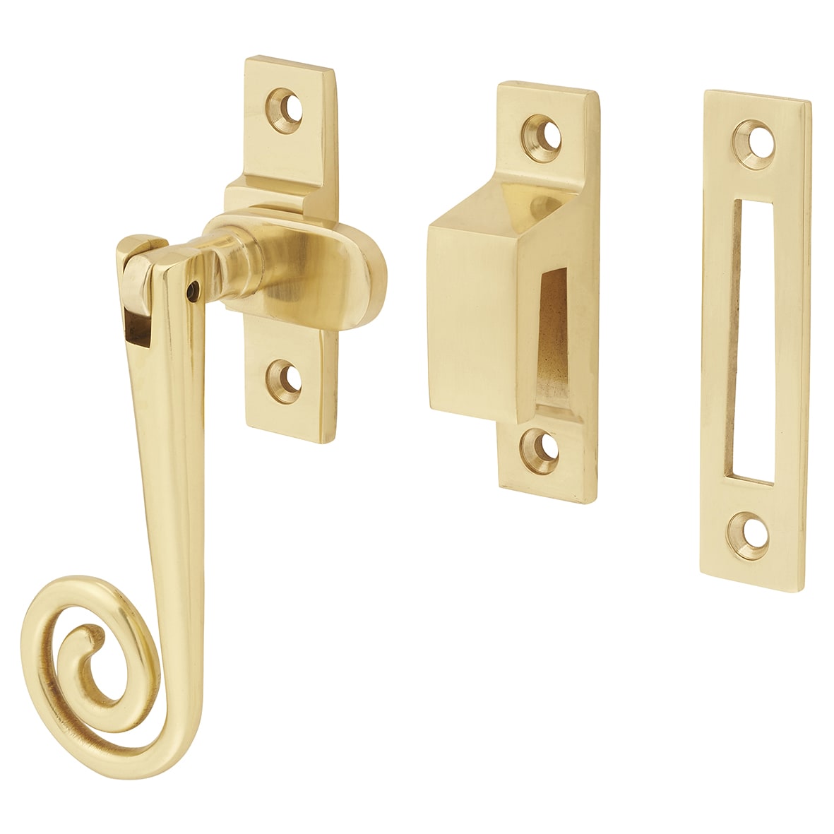 Open Curl Mortice & Hook Plate Casement Window Fastener - Reversible - Polished Brass - view 2