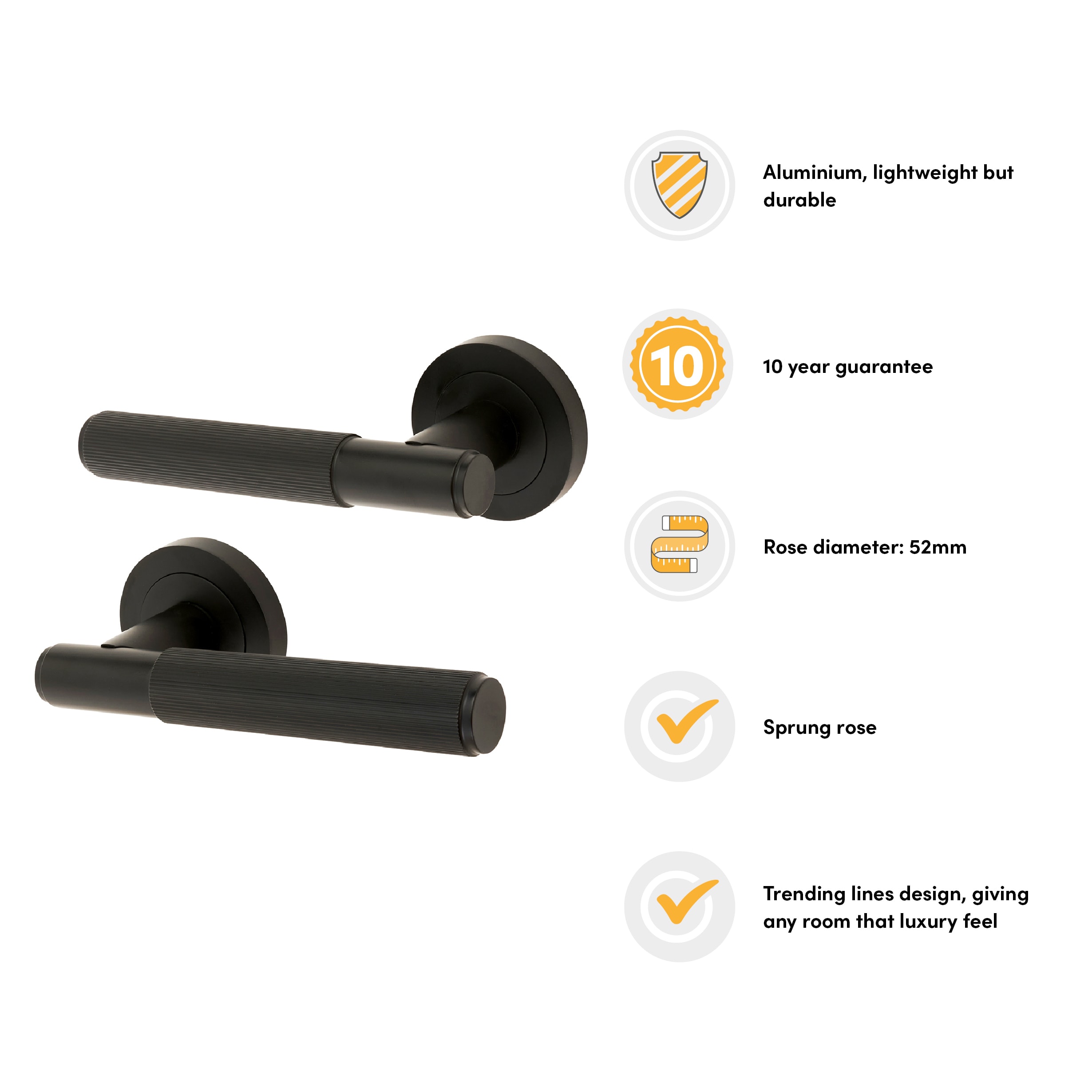 Matt Black Lines Door Handles on Round Rose - Nova Range - view 2