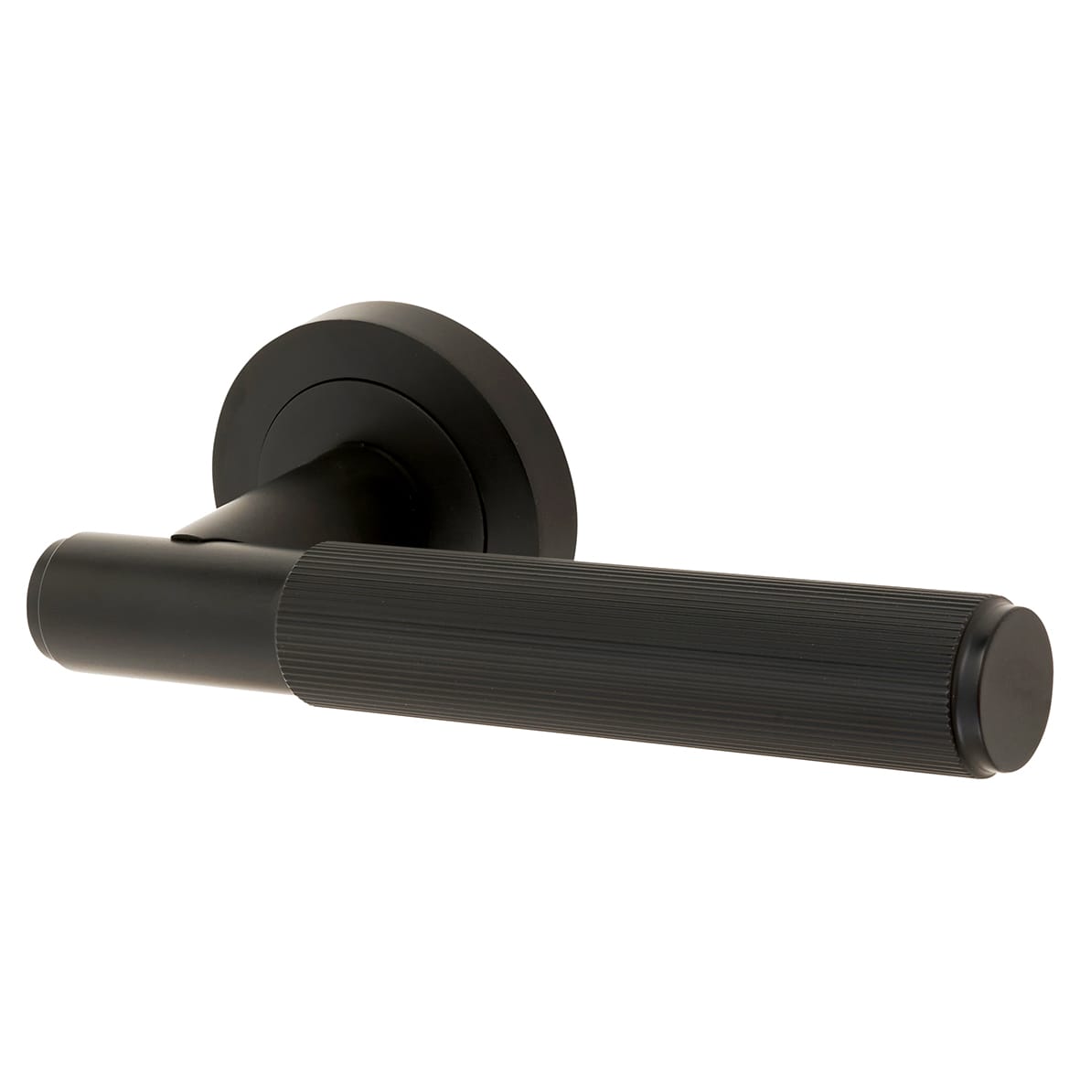 Matt Black Lines Door Handles on Round Rose - Nova Range - view 3