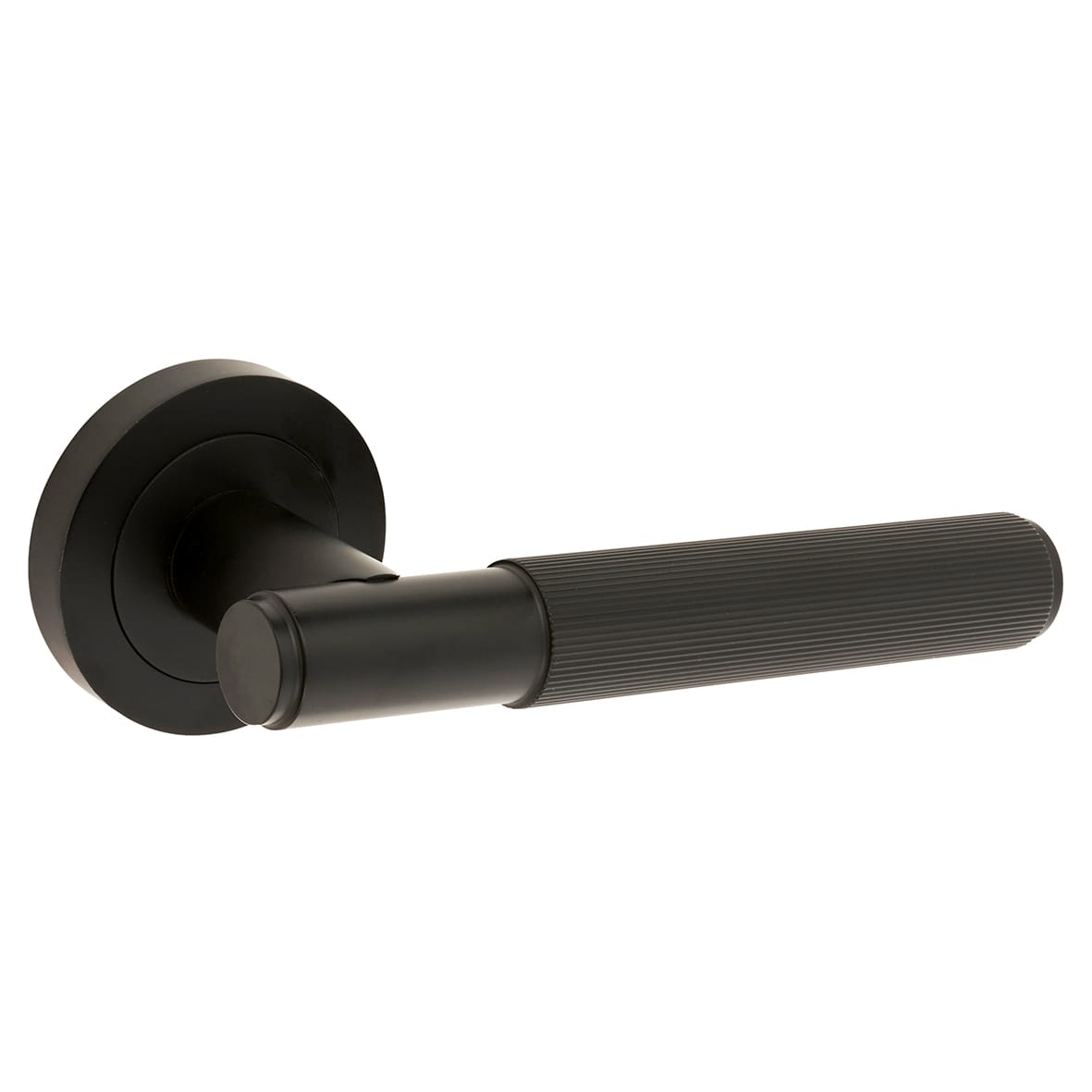 Matt Black Lines Door Handles on Round Rose - Nova Range - view 4