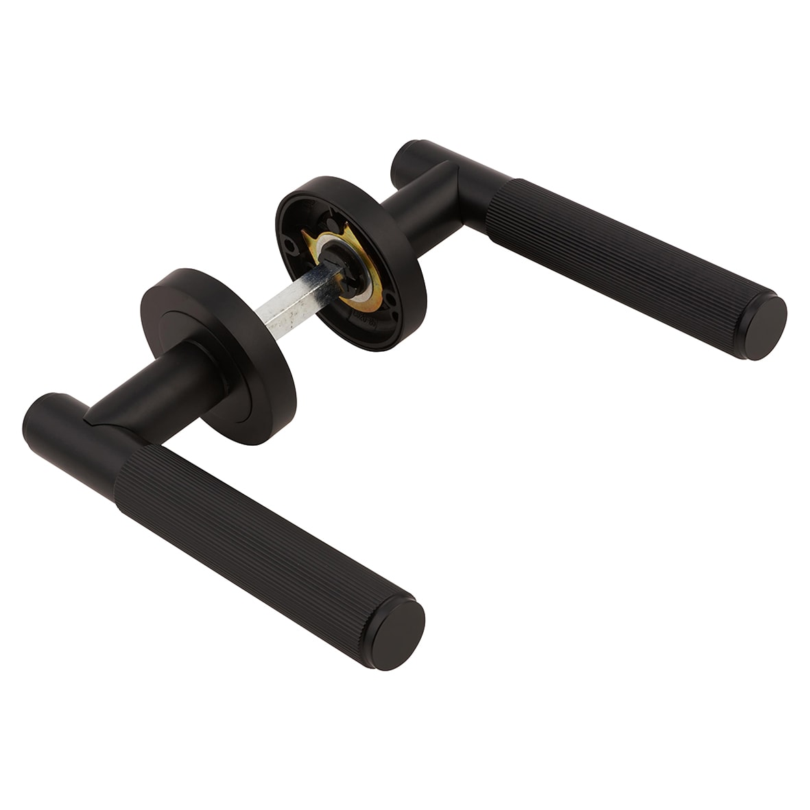 Matt Black Lines Door Handles on Round Rose - Nova Range - view 5