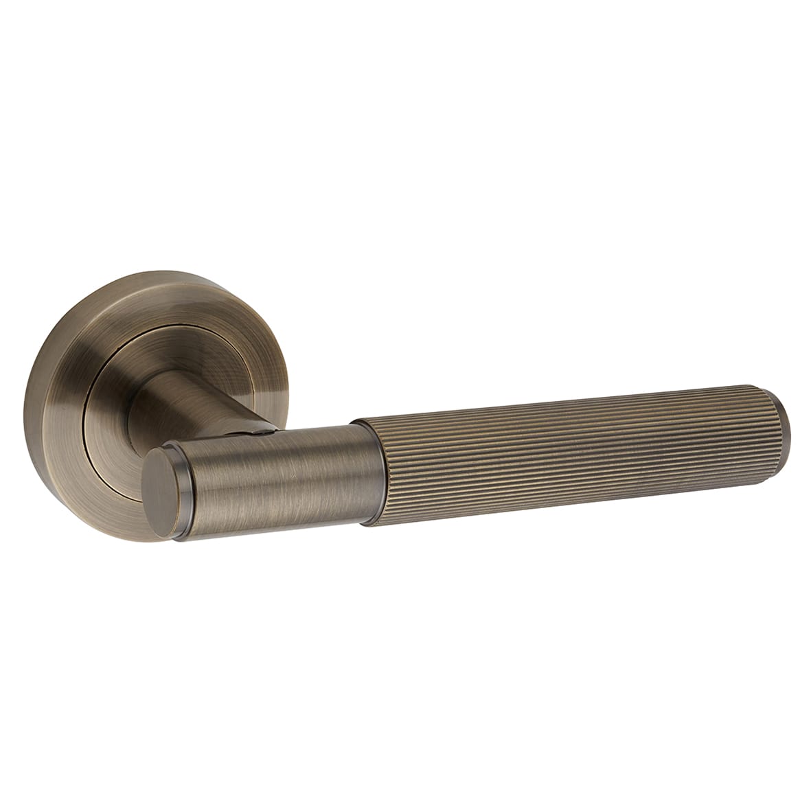 Antique Brass Lines Door Handles on Round Rose - Nova Range - view 4