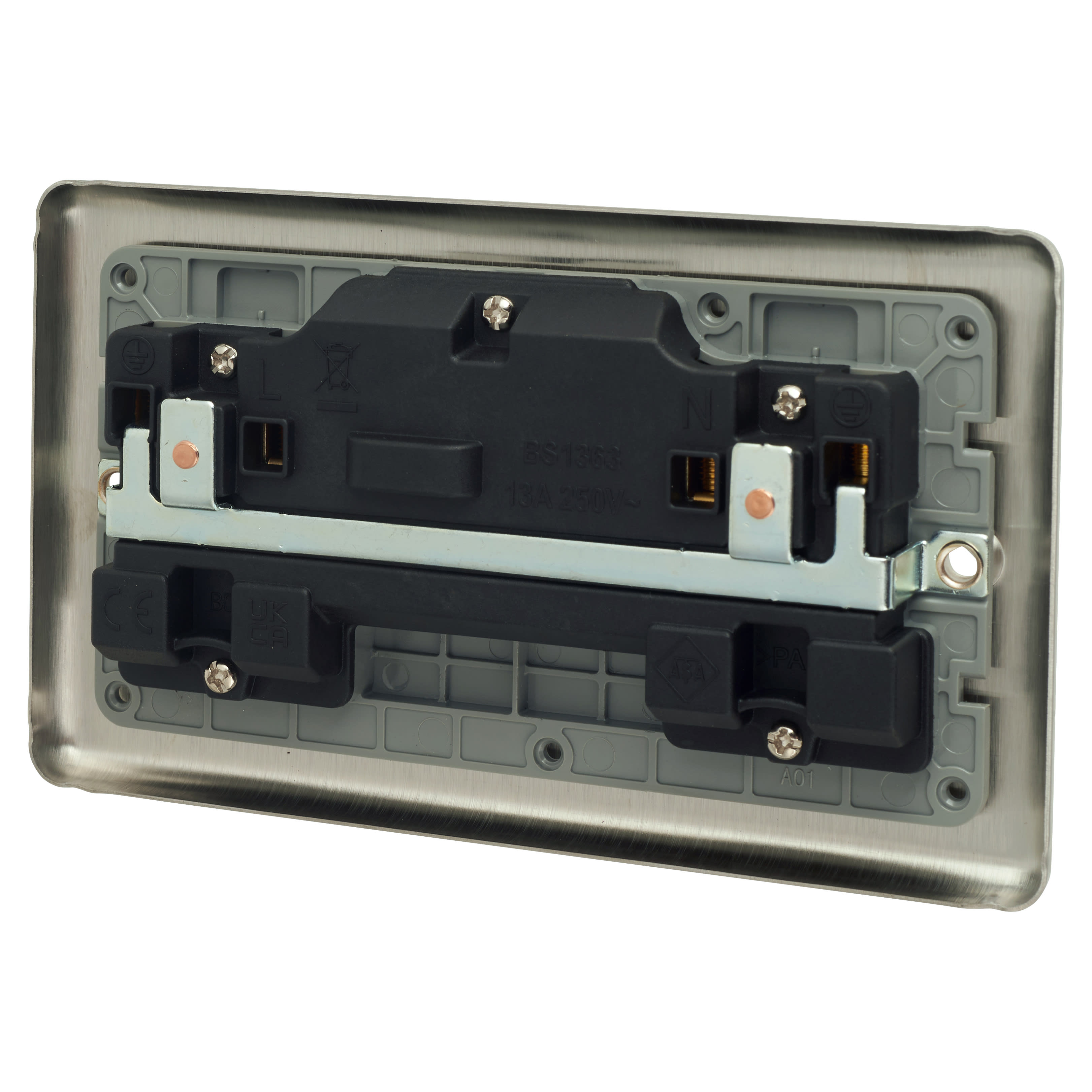 Enhance Decorative 13A 2 Gang Double Pole Switched Socket - Satin Steel with Grey Inserts - view 3