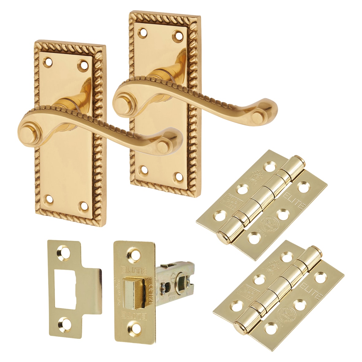 Polished Brass Georgian Rope Edge Scroll Latch Door Handles Pack - Short Plate - view 2