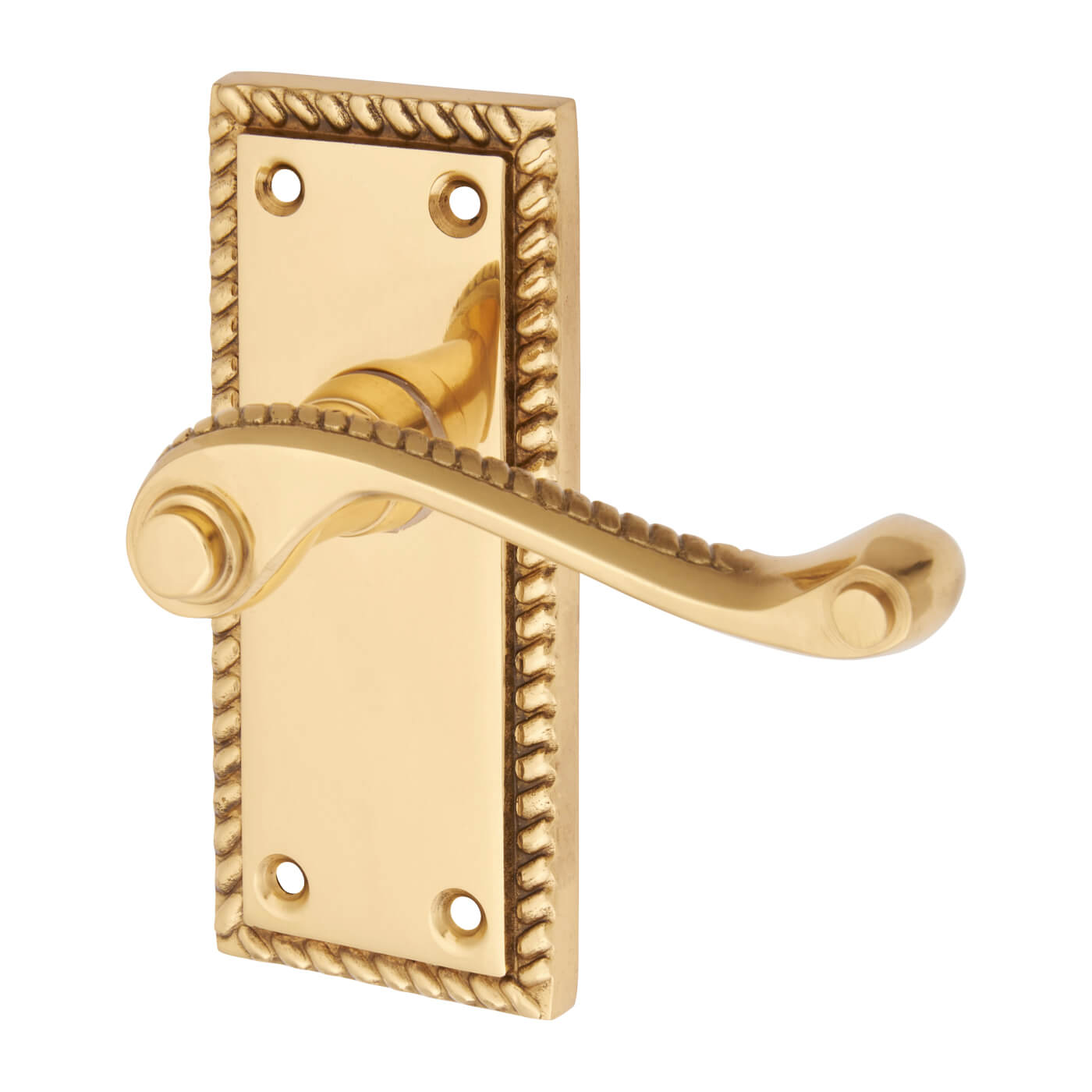 Polished Brass Georgian Rope Edge Scroll Latch Door Handles Pack - Short Plate - view 3