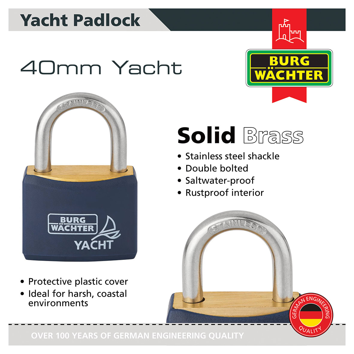 All Weather Yacht Padlock - 40mm Body - 22 x 23.5mm Shackle - Keyed Alike - Pack of 5 - view 2
