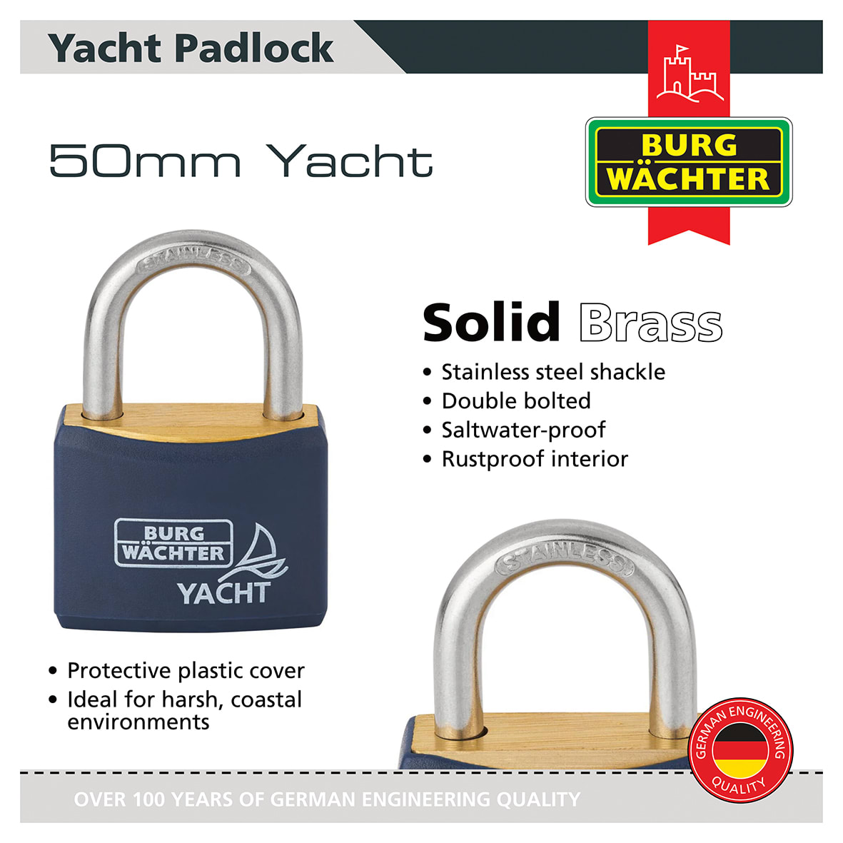 All Weather Yacht Padlock - 50mm Body - 28 x 29.5mm Shackle - Keyed Alike - Pack of 5 - view 2