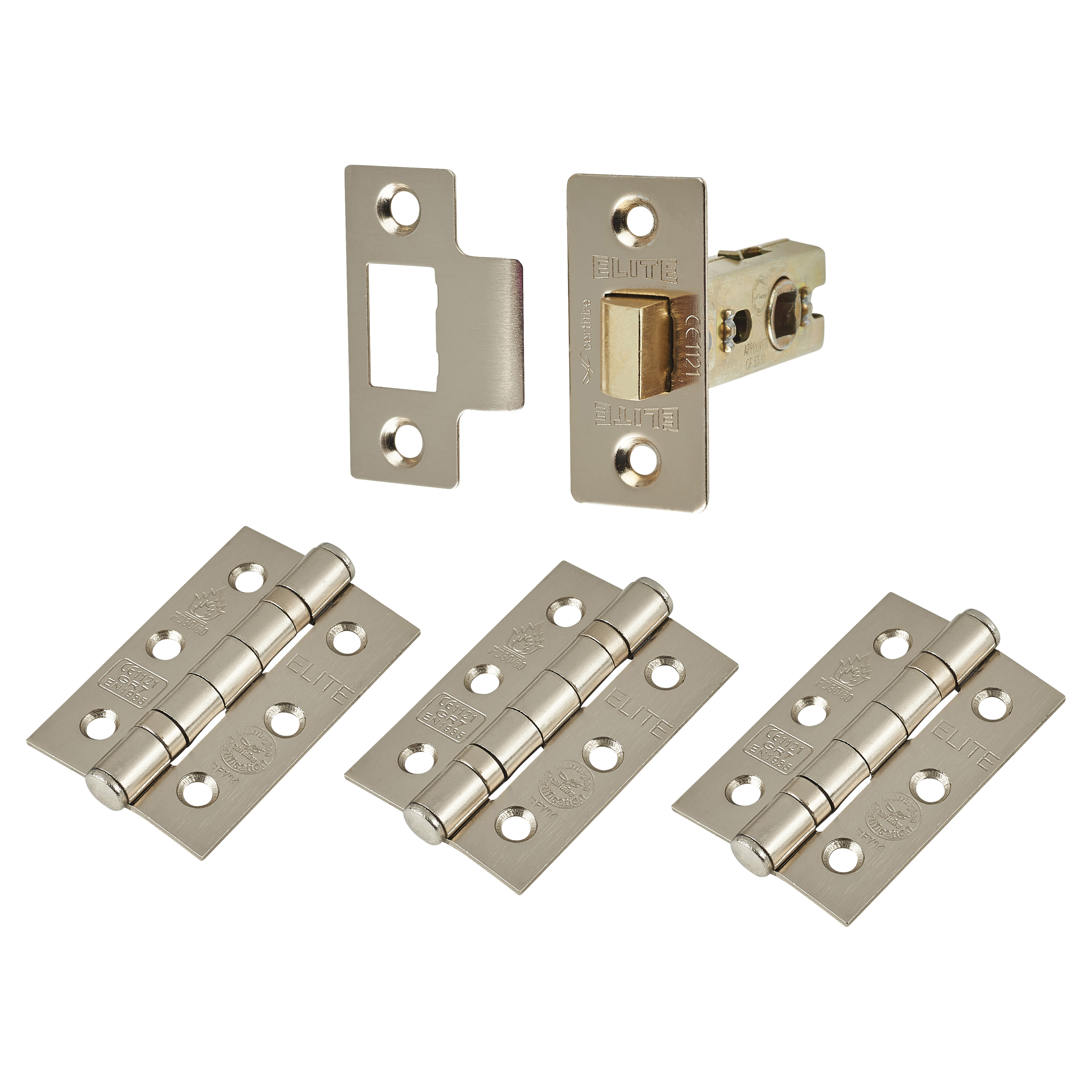 Tubular Latch Pack - 57mm Backset - 3 x Fire Rated Ball Bearing Hinges - Satin Nickel - view 2