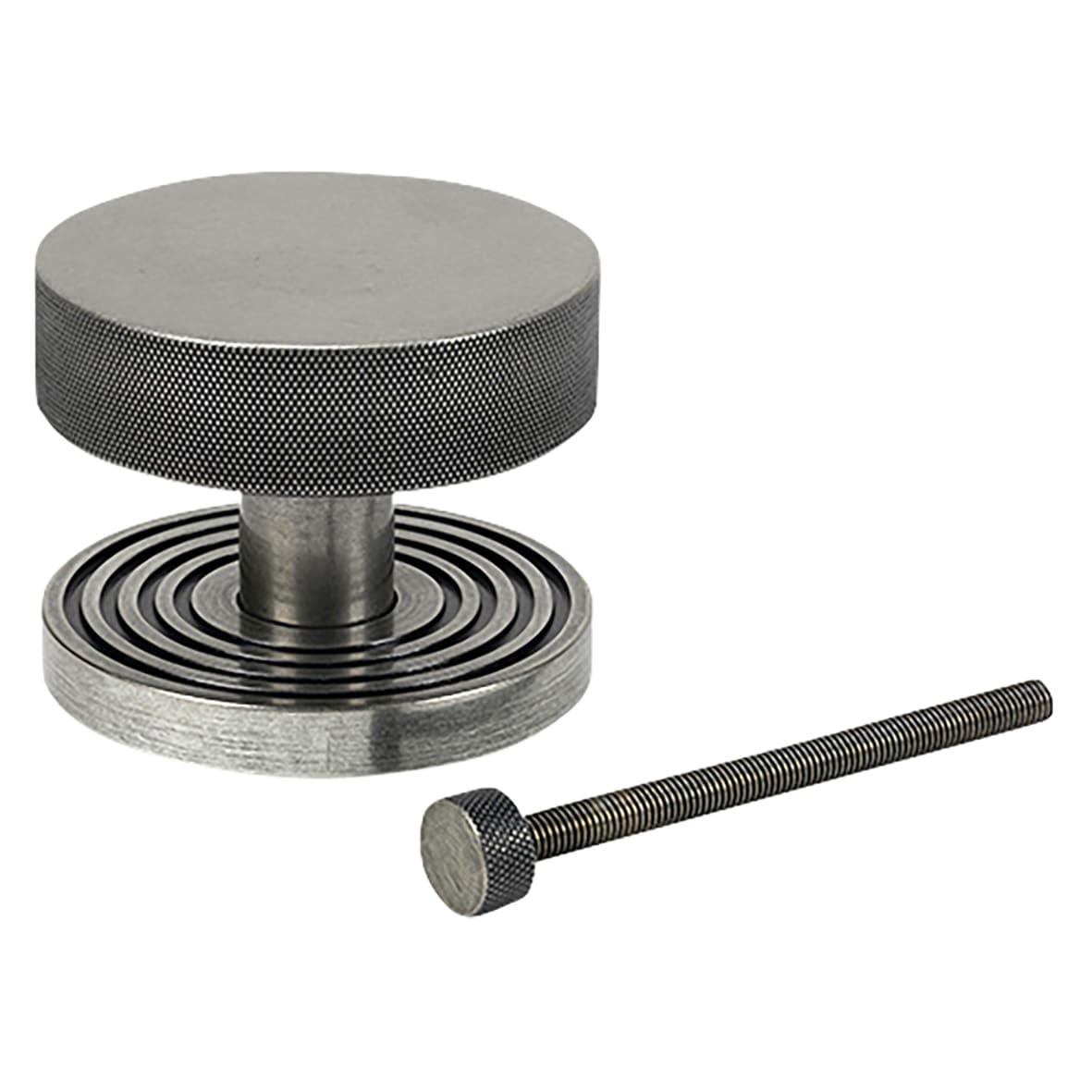 Brompton Pewter Round Knurled Centre Door Knob on Beehive Rose - 90mm Rose Diameter - view 2
