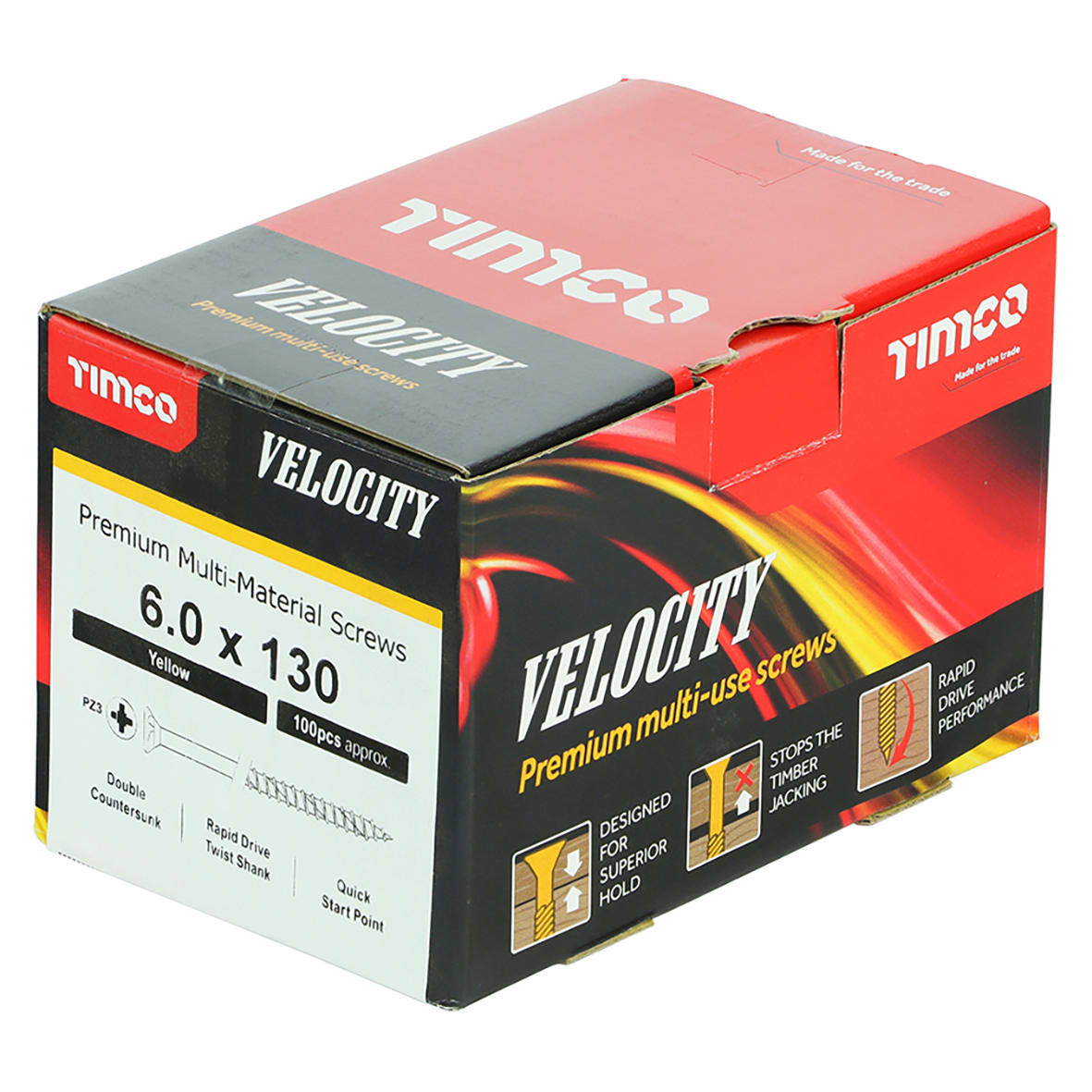 Velocity Pozi Countersunk Wood Screws - 6.0 x 130mm - Yellow Zinc - Pack of 100 - view 4