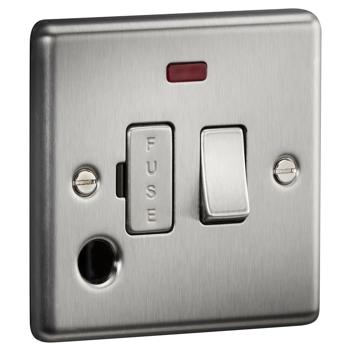 13A 1 Gang Round Edge Switched Fused Spur with Neon & Flex Outlet - Brushed Chrome - view 2