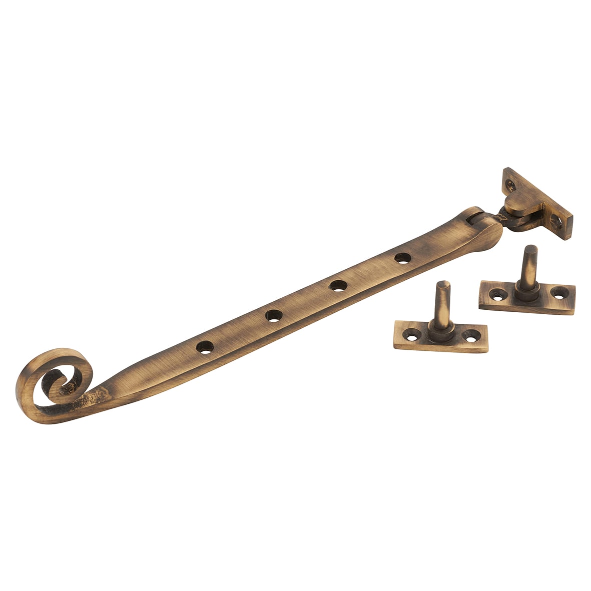 Cast Open Curl Casement Window Stay - 10"/250mm Length - Antique Brass - view 2