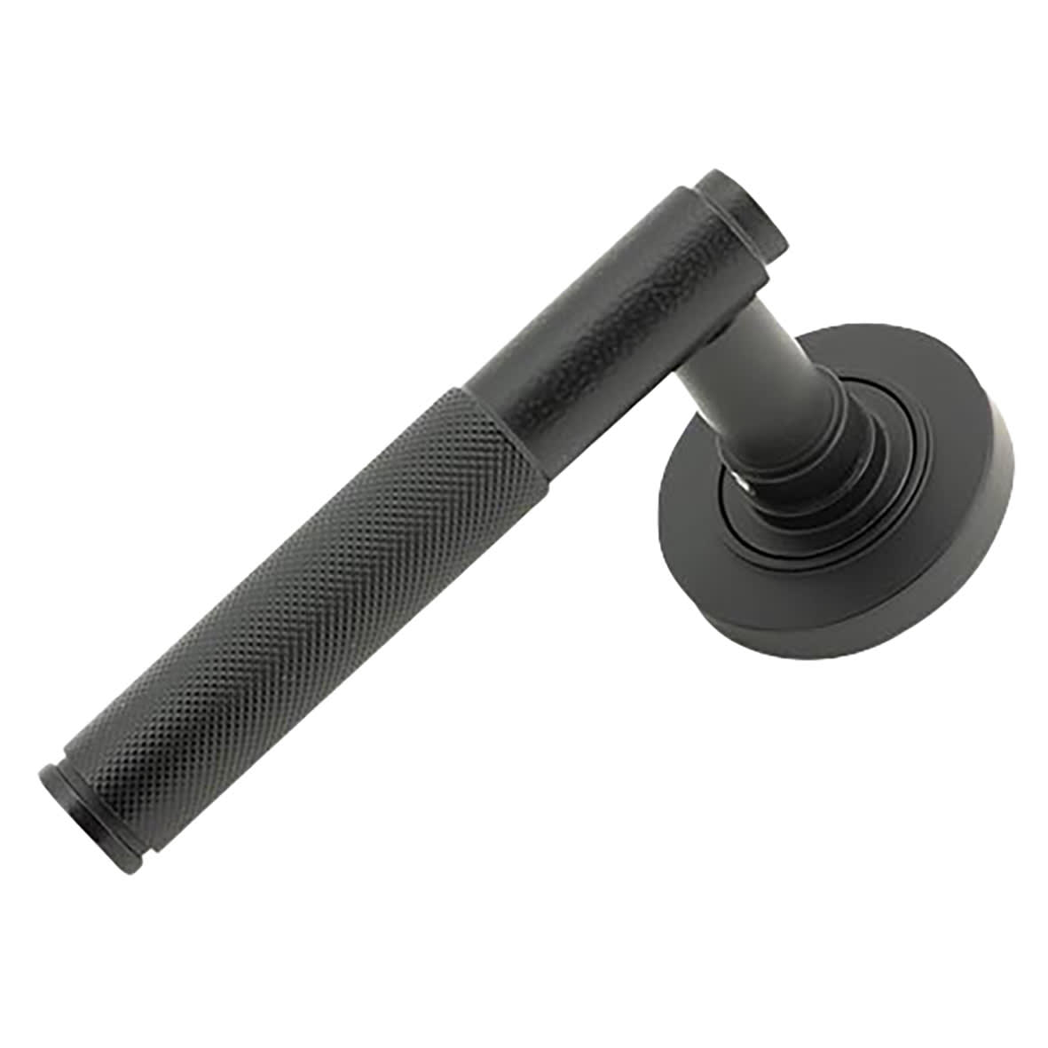 Matt Black Knurled Door Handles on Round Rose - Brompton Range - view 2