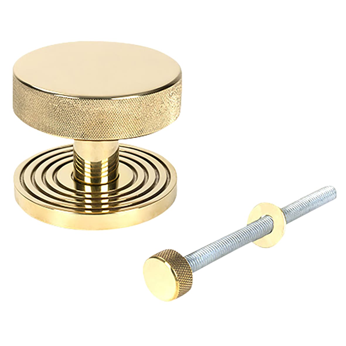 Brompton Polished Brass Round Knurled Centre Door Knob on Beehive Rose - 90mm Rose Diameter - view 2