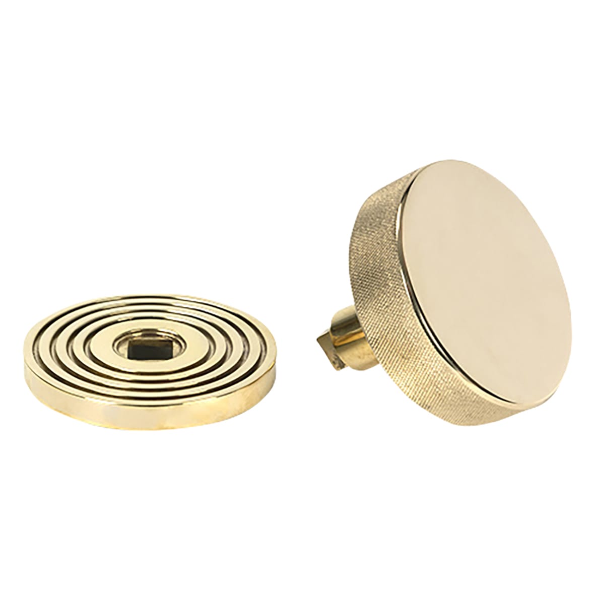 Brompton Polished Brass Round Knurled Centre Door Knob on Beehive Rose - 90mm Rose Diameter - view 3