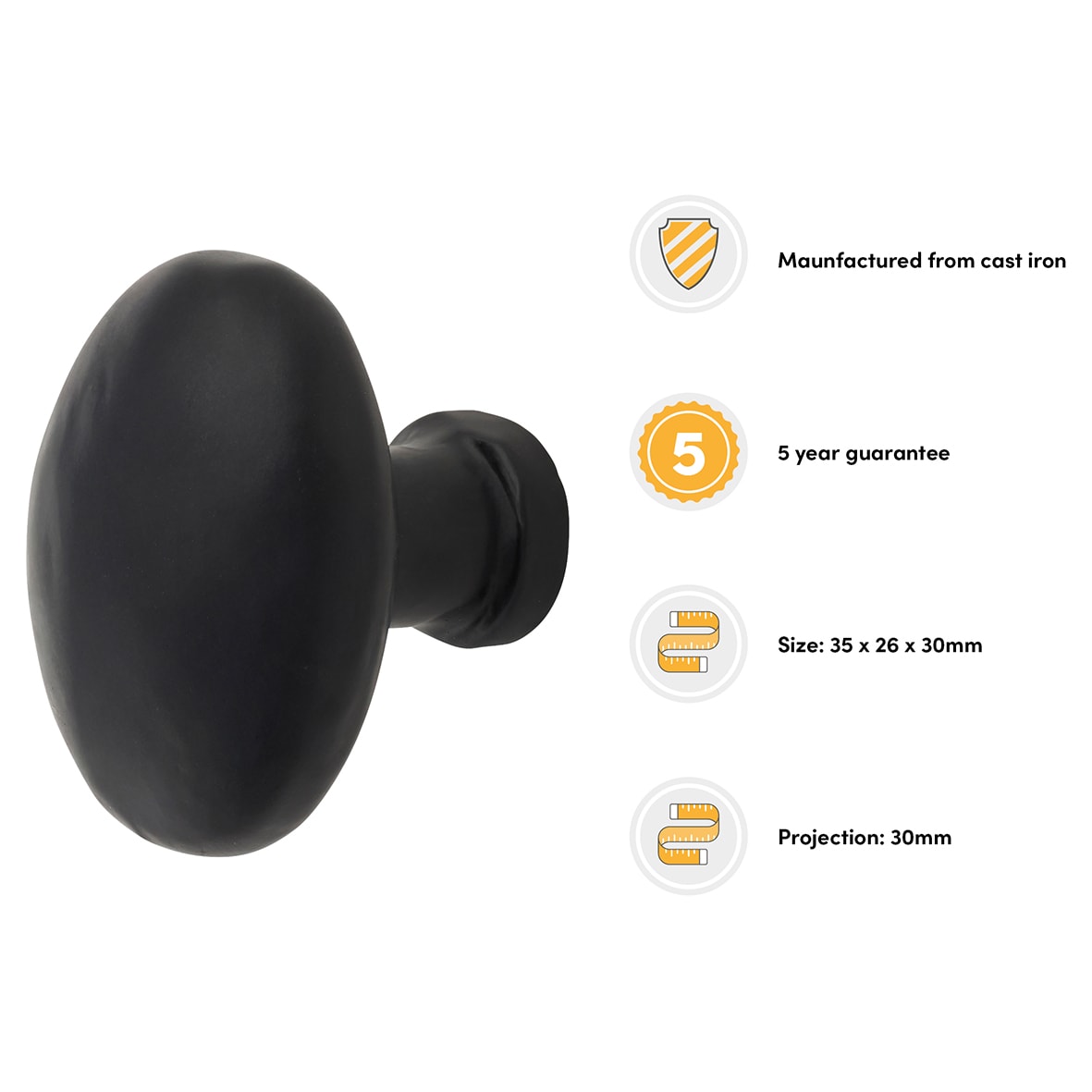 Solid Oval Cabinet Knob - 35 x 30mm - Black Iron - view 3
