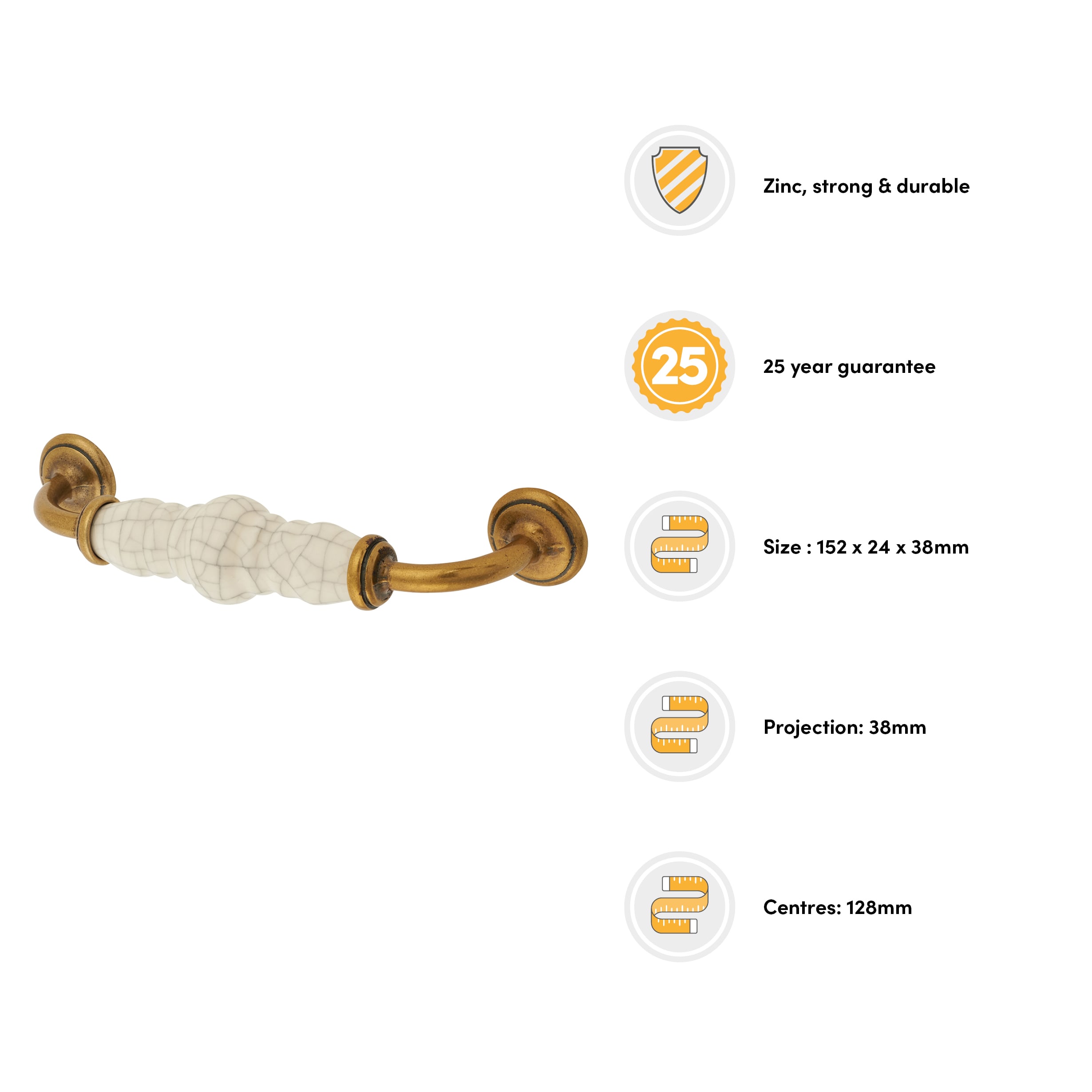 24mm Porcelain Crackle D-Bar Cabinet Pull Handle - 128mm Centres - Antique Brass - view 3