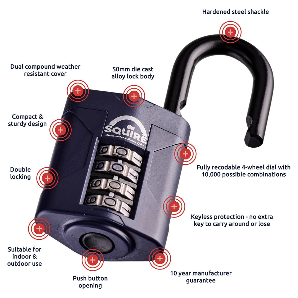 Combination All Weather Padlock - 50mm Body - 22 x 26mm Shackle - Blue - view 6