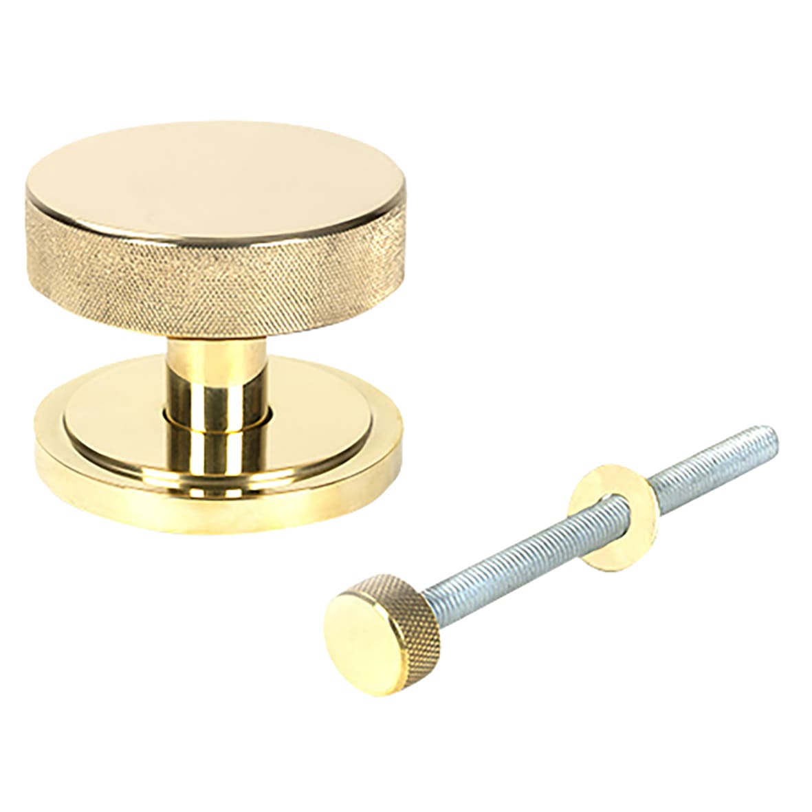 Brompton Polished Brass Round Knurled Centre Door Knob on Art Deco Rose - 90mm Rose Diameter - view 2