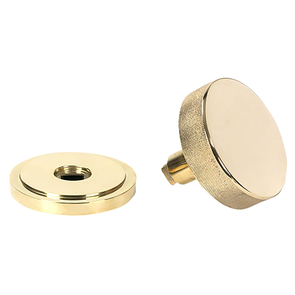 Brompton Polished Brass Round Knurled Centre Door Knob on Art Deco Rose - 90mm Rose Diameter - view 3