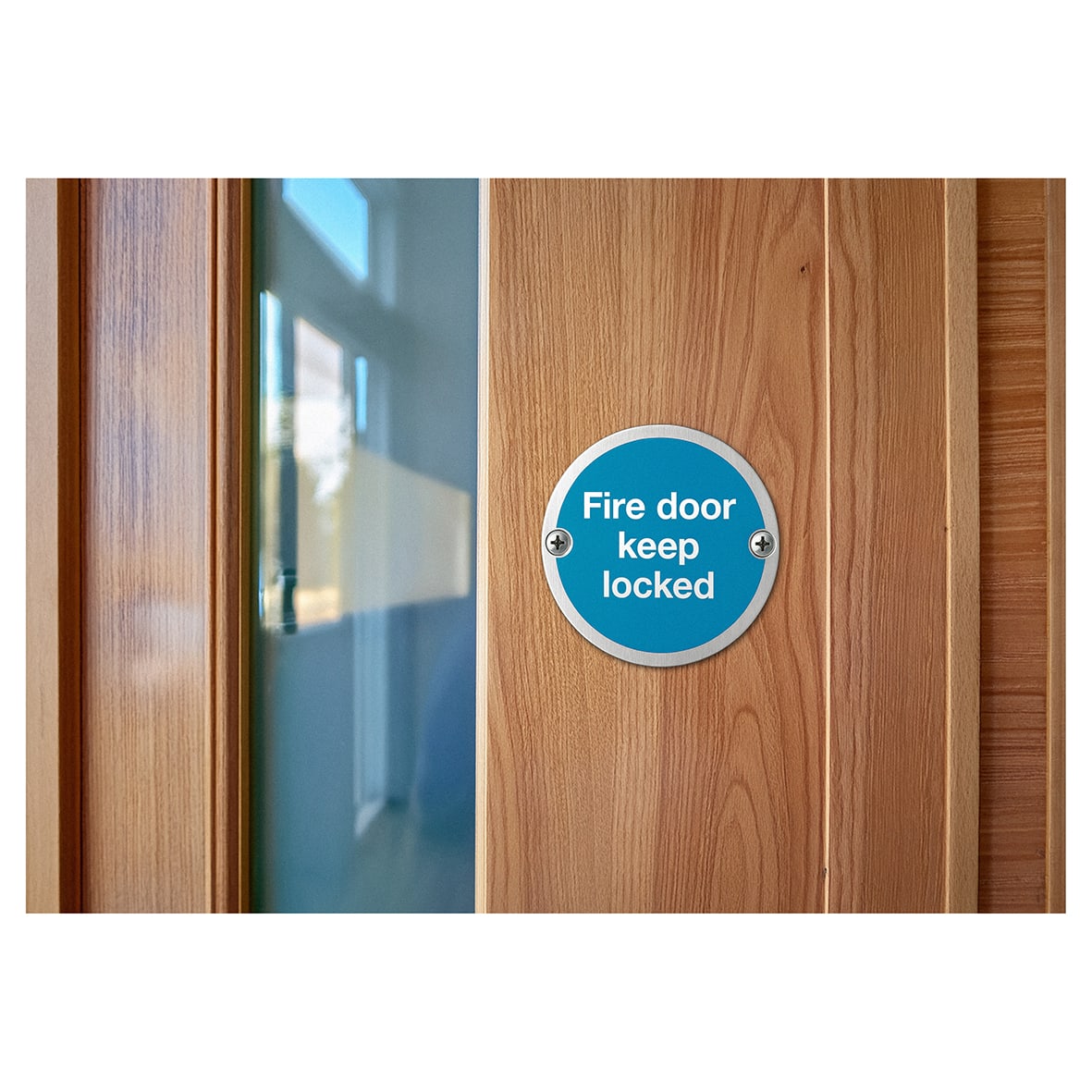 Light Blue Fire Door Keep Locked Door Sign - 75mm Diameter - Satin Stainless Steel - view 2