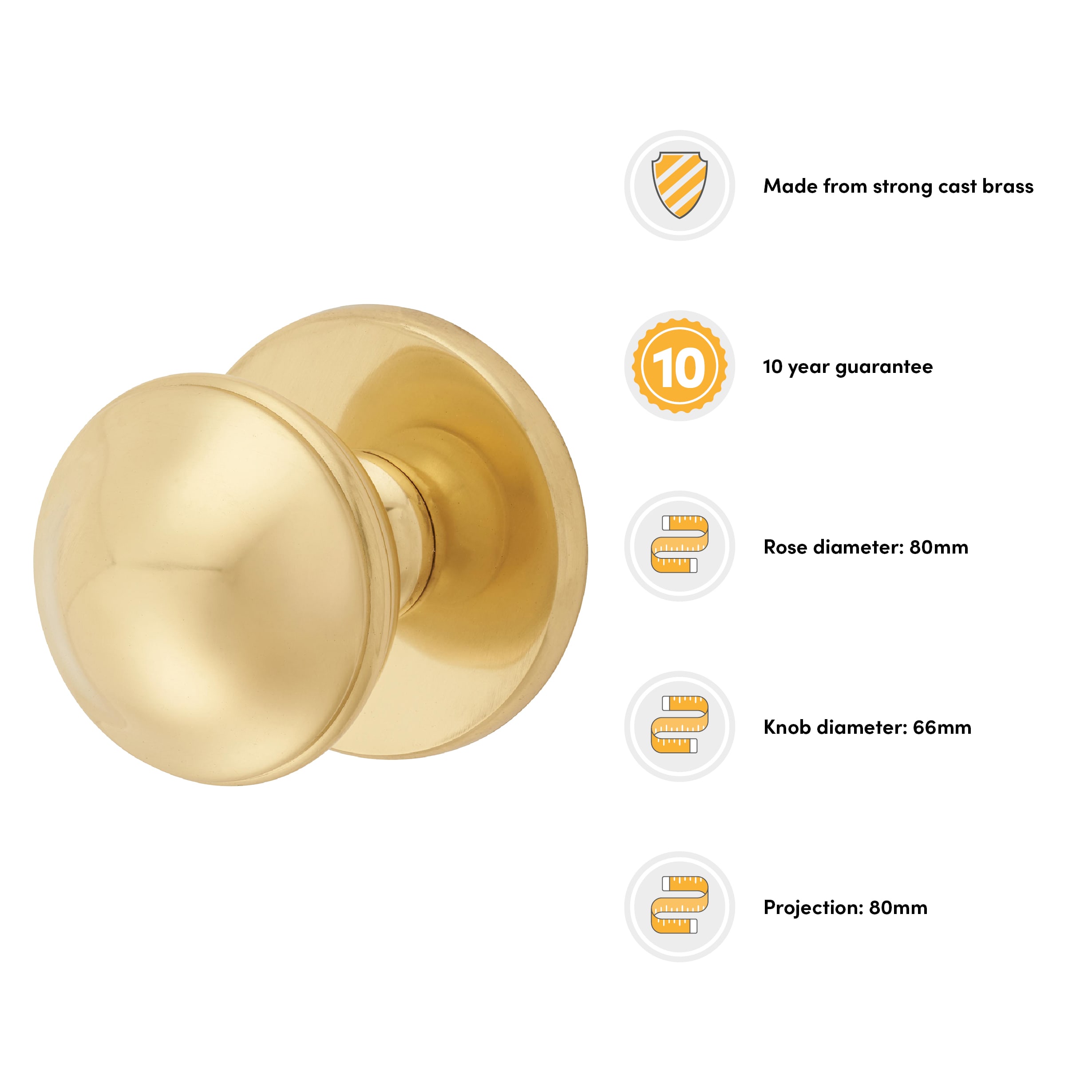 Polished Brass Round Centre Door Knob - 80mm Rose Diameter - view 3