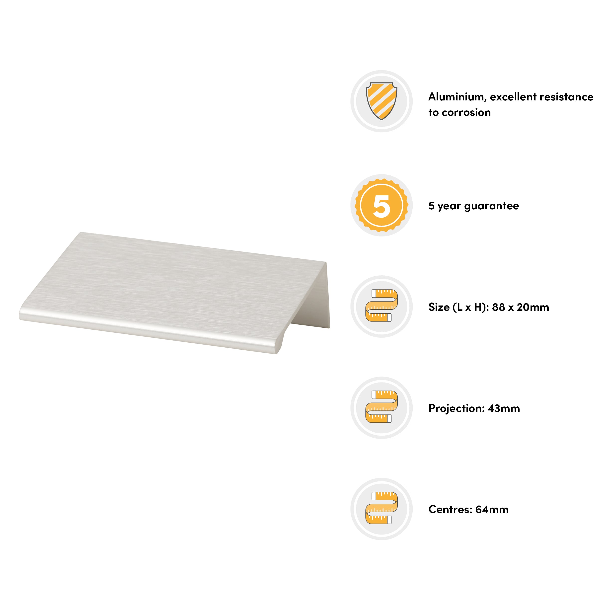 Serva Lipped Edge Cabinet Pull Handle - 64mm Centres - Brushed Aluminium - view 3