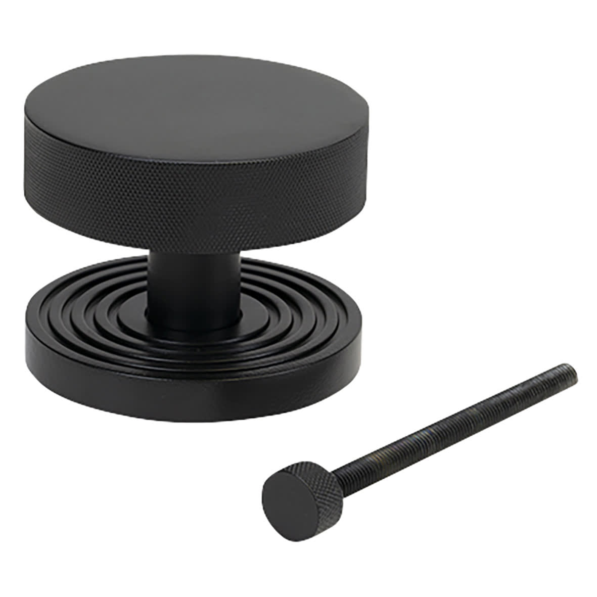 Brompton Matt Black Round Knurled Centre Door Knob on Beehive Rose - 90mm Rose Diameter - view 2