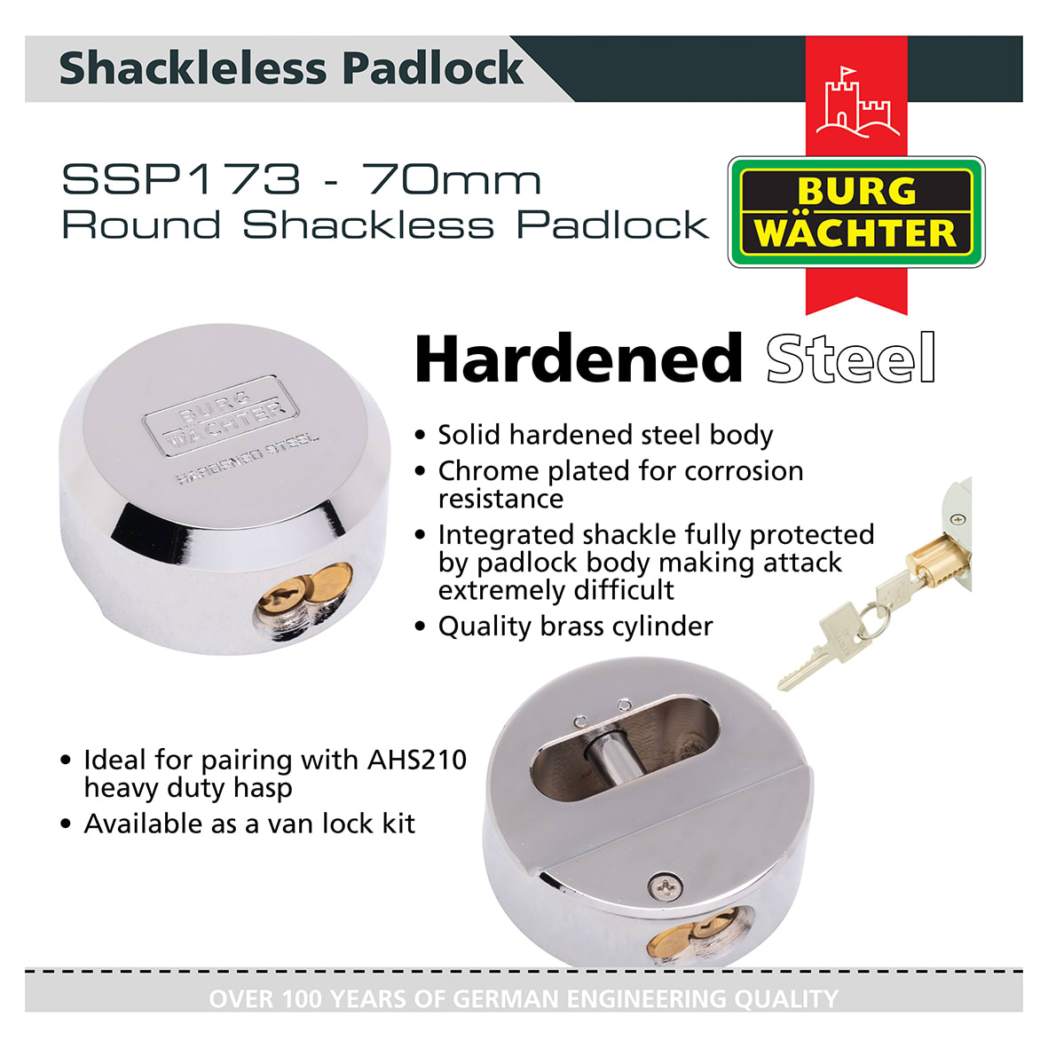 Heavy Duty Hardened Steel Van Replacement Shackleless Puck/Padlock - 73mm Diameter - view 2