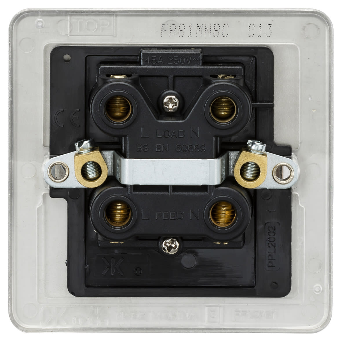 45A 1 Gang Flat Plate Double Pole Cooker Switch with Neon - Brushed Chrome - view 3