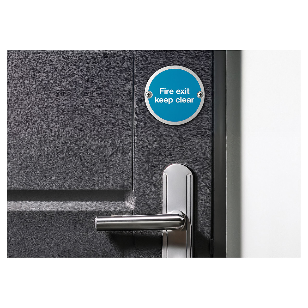Light Blue Fire Exit Keep Clear Door Sign - 75mm Diameter - Satin Stainless Steel - view 2