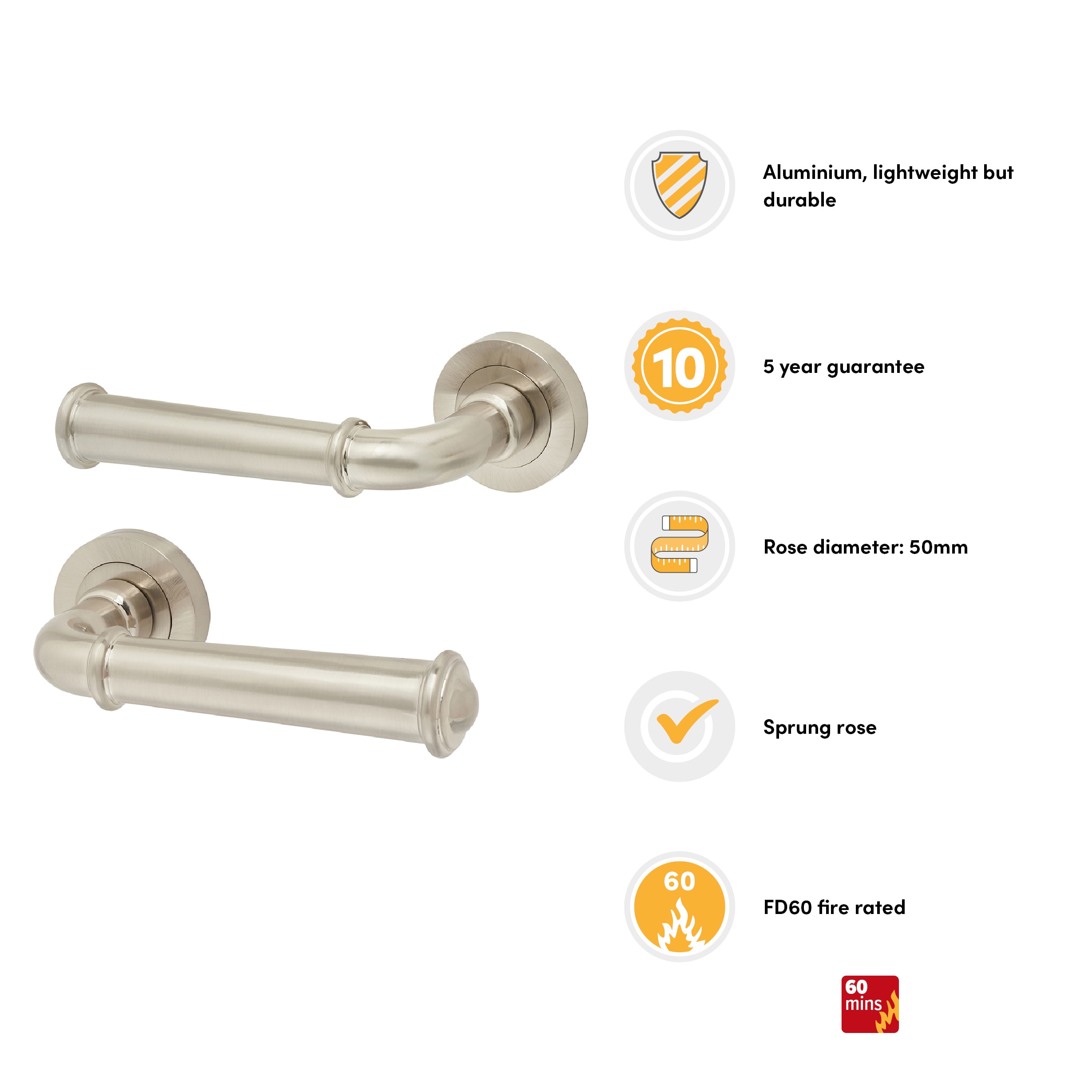 Satin Nickel Fire Rated Door Handles on Round Rose - Classic Range - view 2
