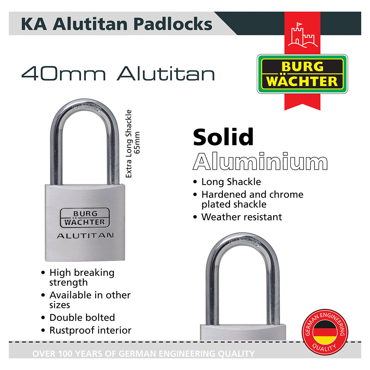 Long Shackle Alutitan Padlock - 40mm Body - 22 x 65mm Shackle - Keyed Alike - Pack of 5 - view 2
