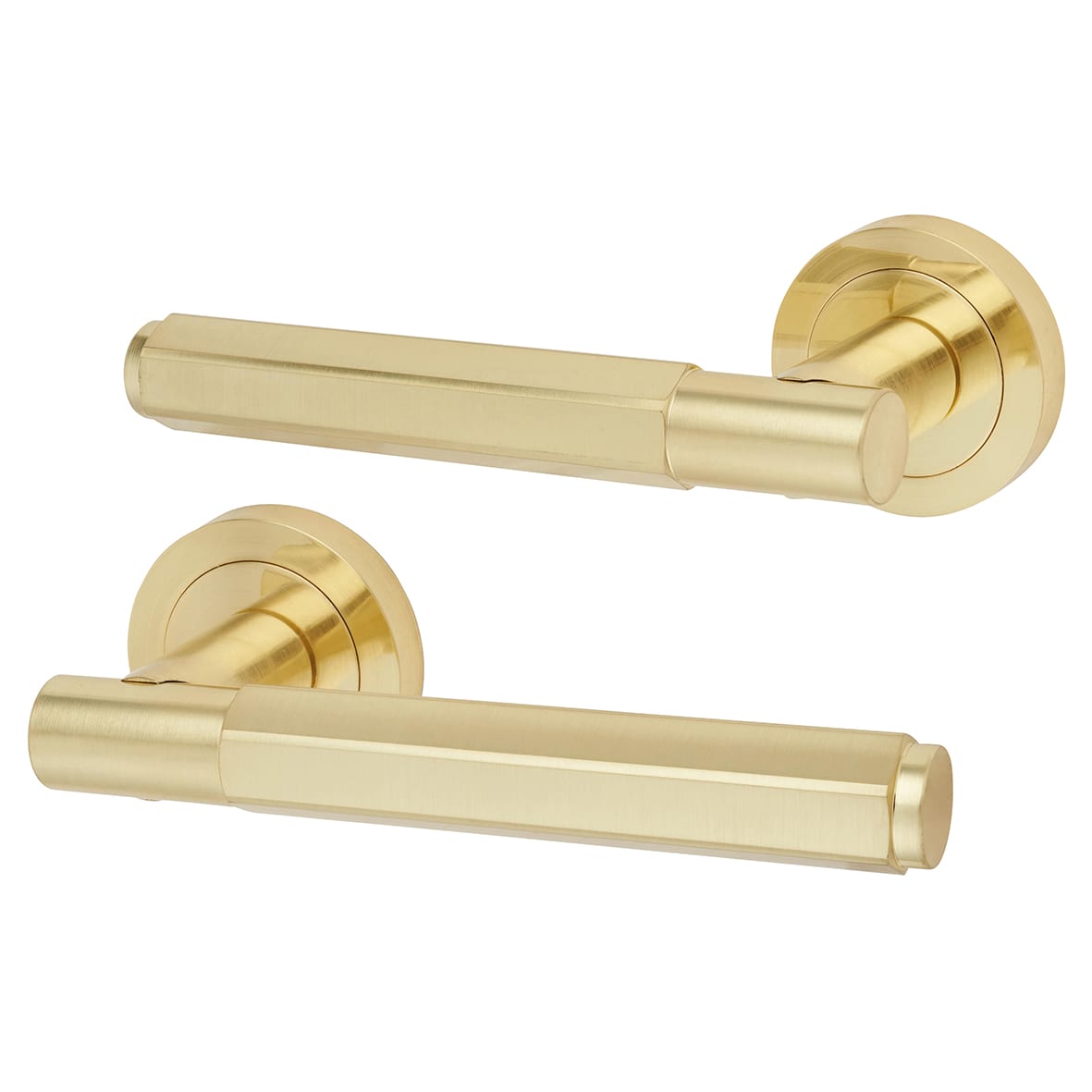 Satin Brass Hexagonal Bathroom Deadbolt Lock Door Handles on Rose Pack - Juno Range - view 2