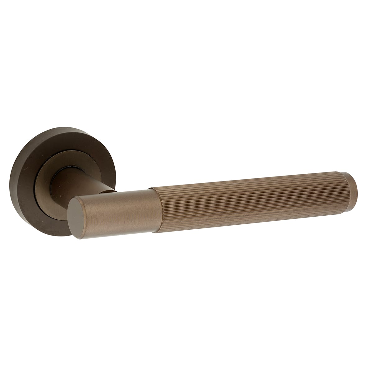 Dark Bronze Fire Rated Lines Door Handles on Rose - Venice Range - view 2