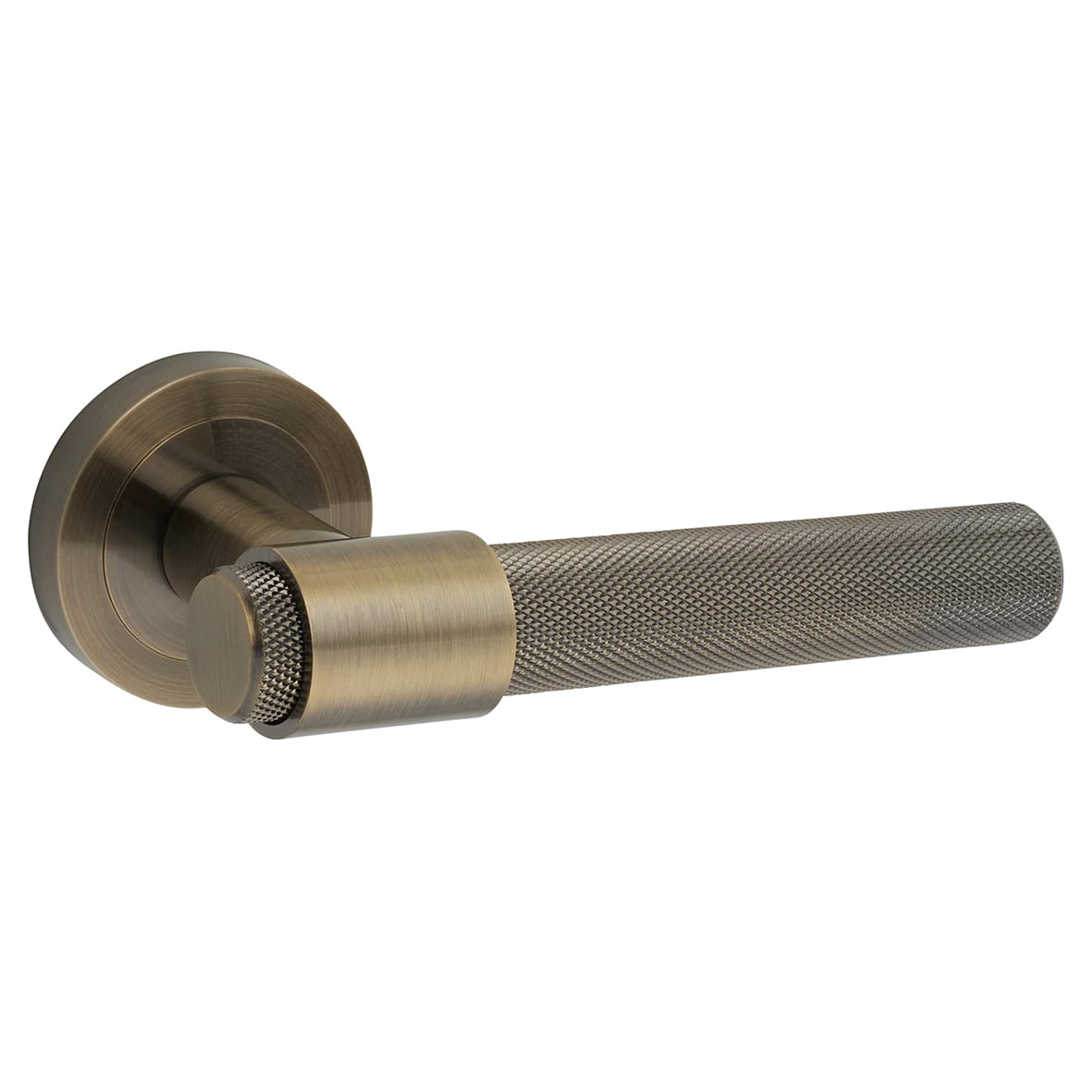 Antique Brass Knurled Door Handles on Round Rose - Esme Range - view 2